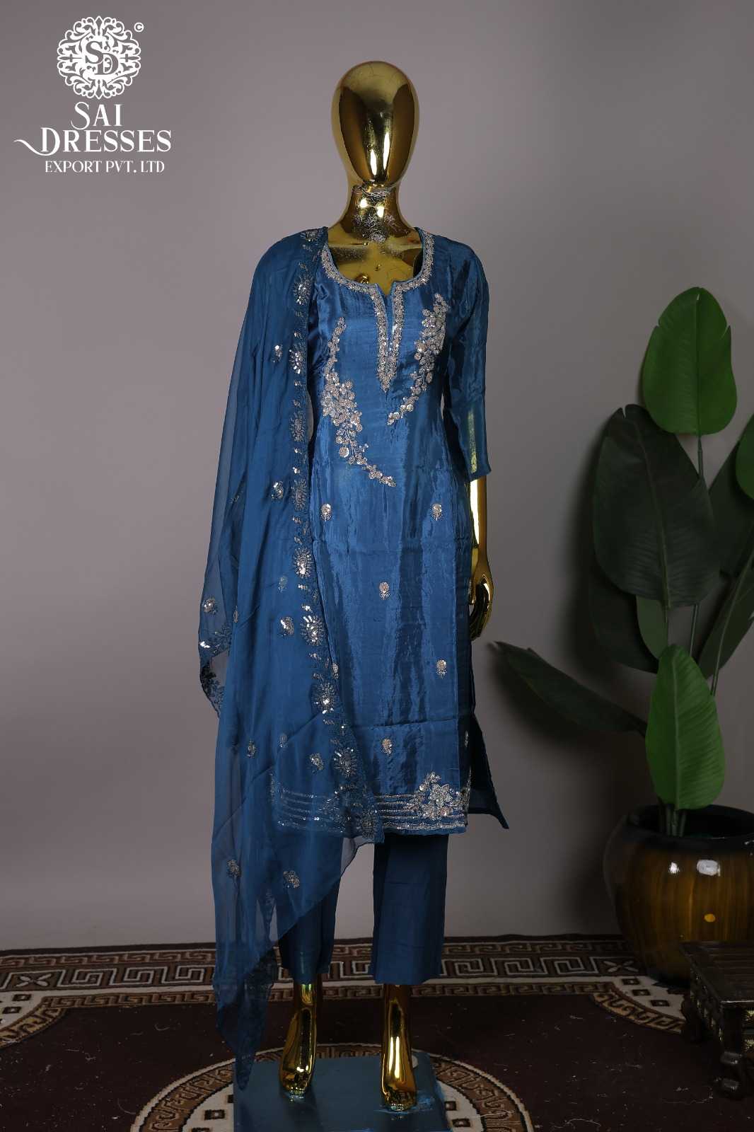 PURE NATURAL CREPE HEAVY HAND WORK DESIGNER KURTI PANT SET WITH DUPATTA IN NAVY BLUE