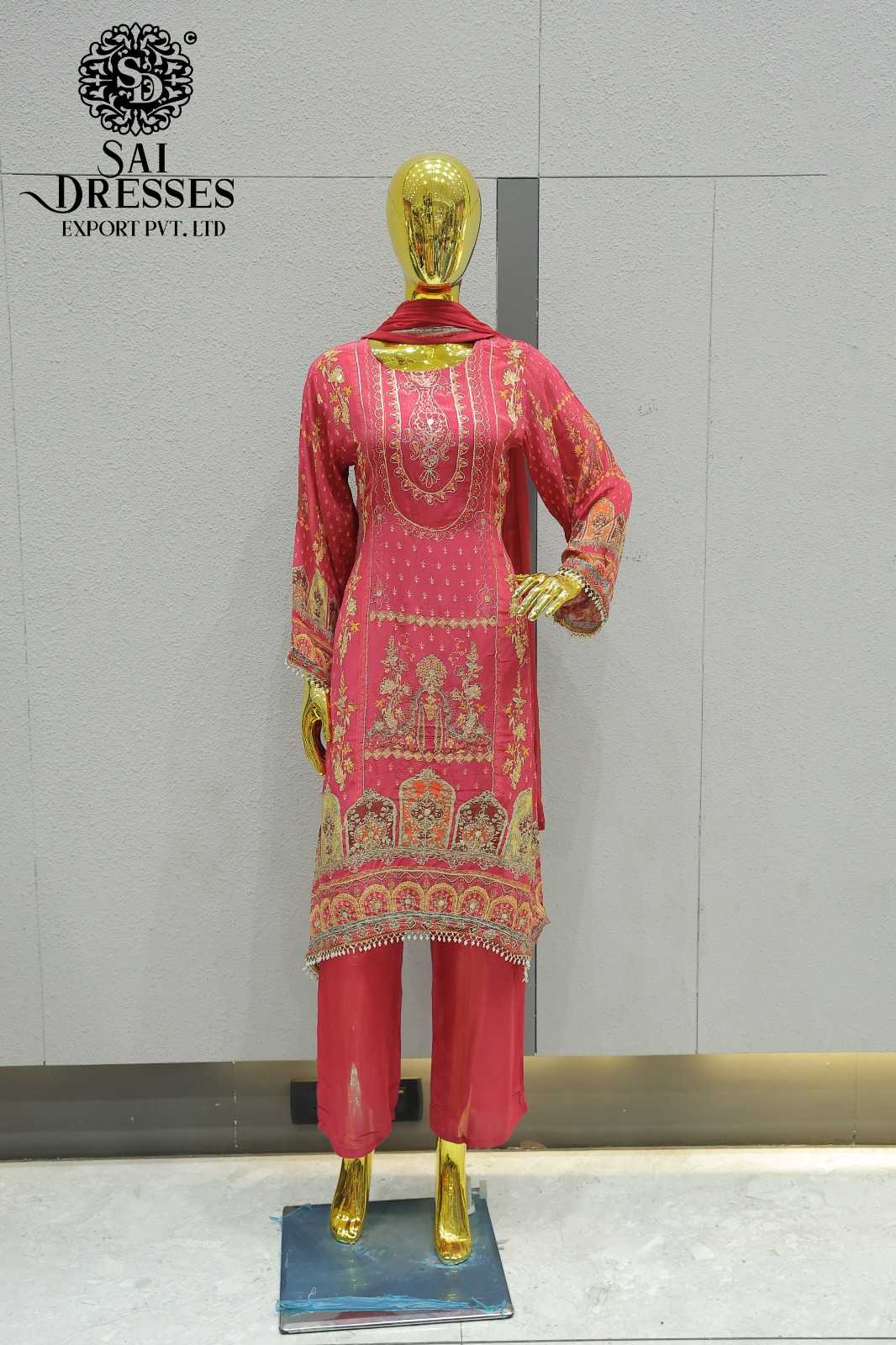 PURE NATURAL CREPE HEAVY TRADITIONAL WORK SUIT SET IN RANI PINK WITH GOLD EMBELLISHMENT