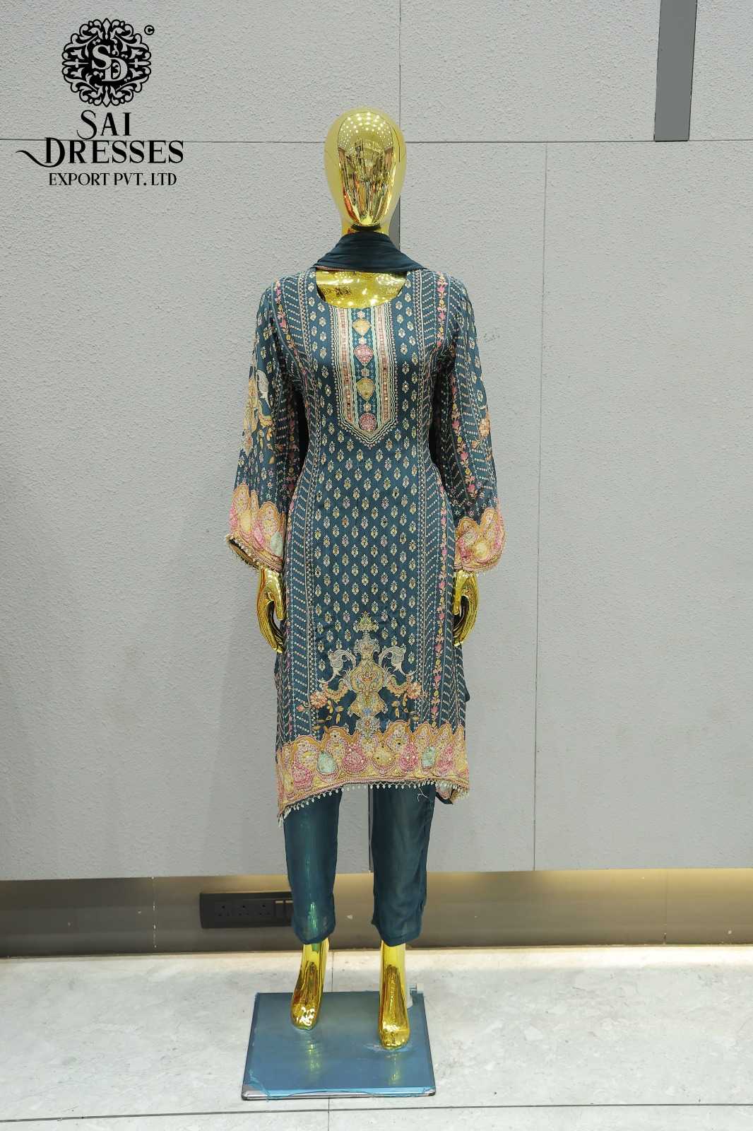 PURE NATURAL CREPE HEAVY WORK SUIT SET IN DEEP TEAL GREEN WITH GOLD DETAILING