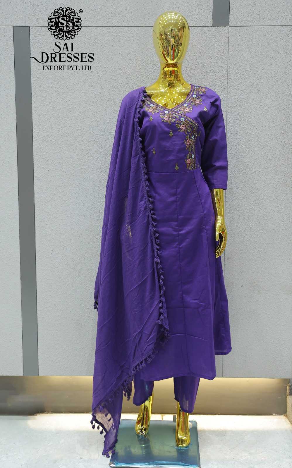 PURPLE PURE COTTON FLORAL MIRROR WORK A-LINE KURTA PANT WITH DUPATTA SET