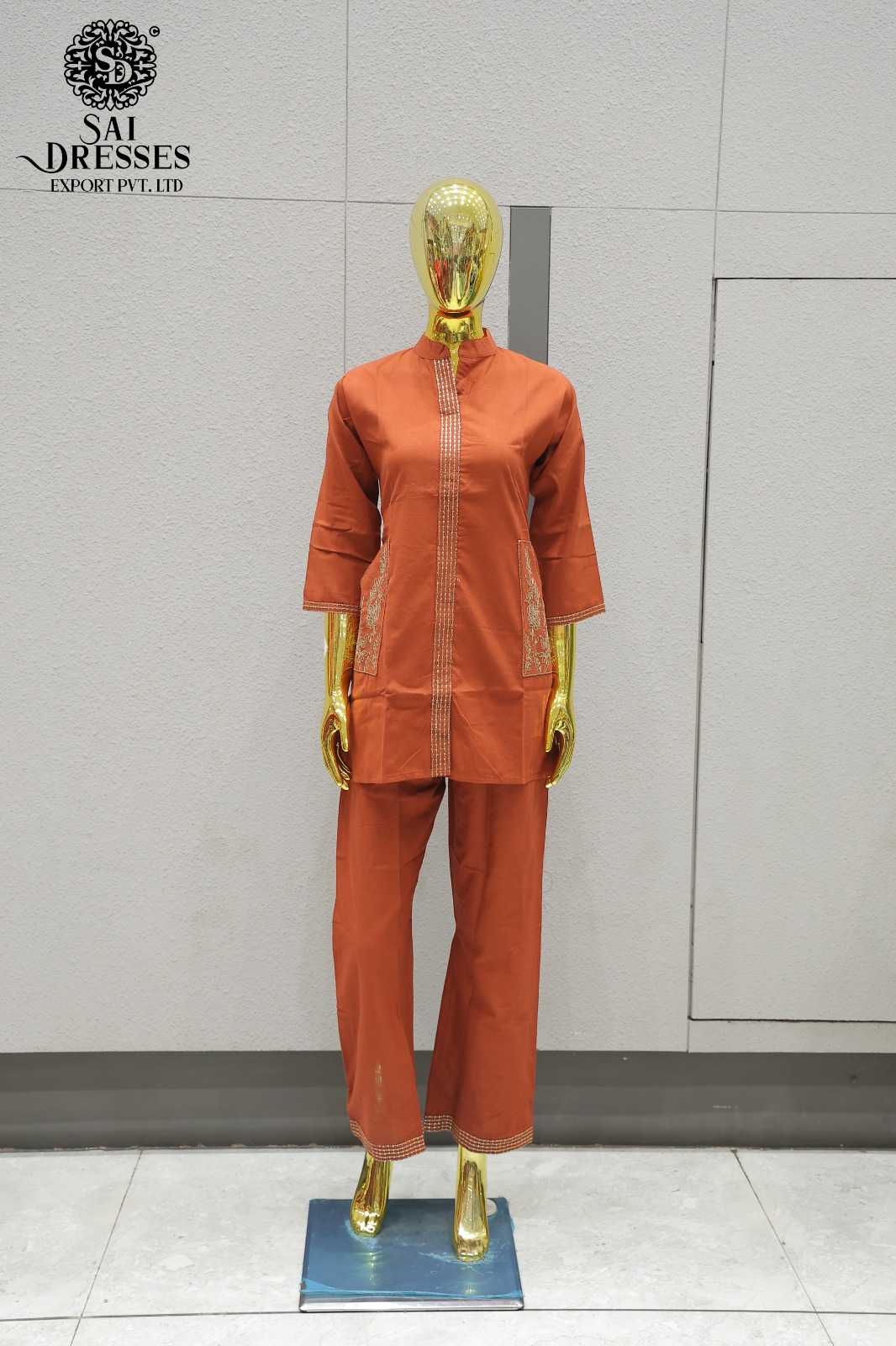 RUST ORANGE DABU COTTON CO-ORD SET WITH EMBROIDERY AND LACE WORK