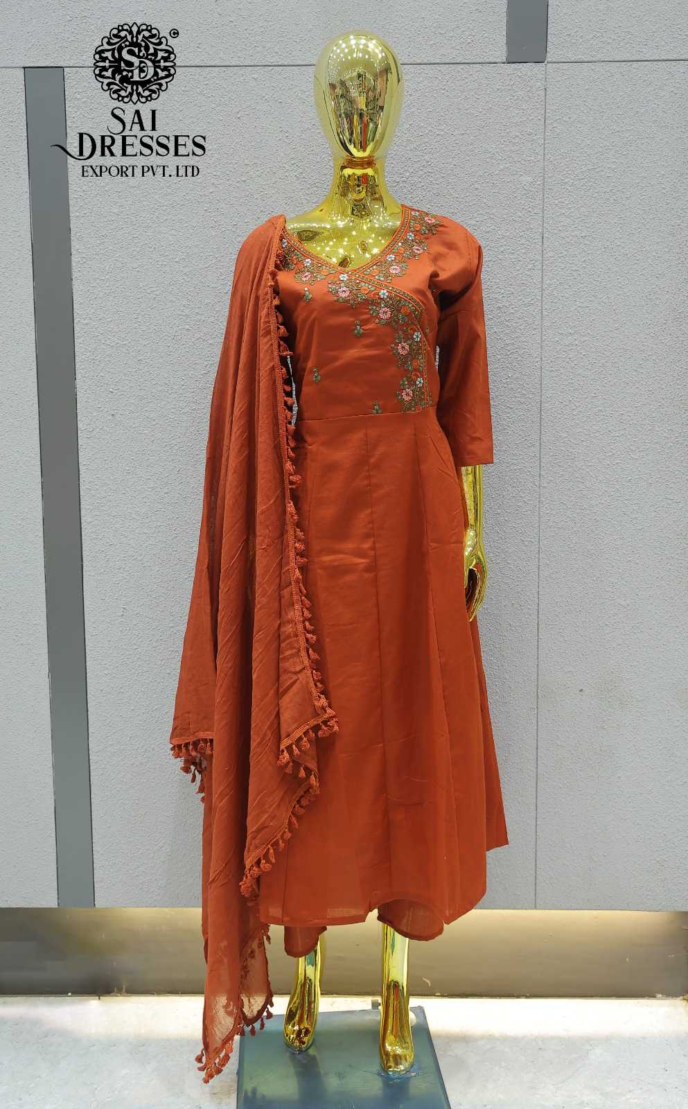 RUST ORANGE PURE COTTON FLORAL MIRROR WORK A-LINE KURTA PANT WITH DUPATTA SET