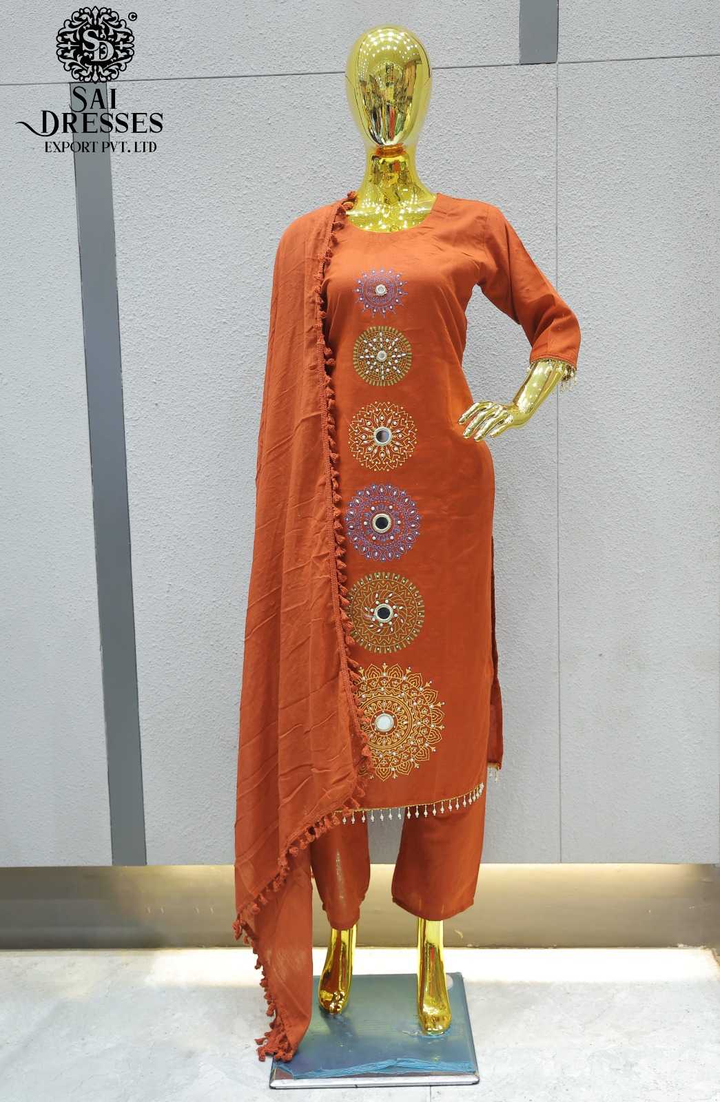 RUST ORANGE PURE COTTON MANDALA MIRROR WORK STRAIGHT KURTA PANT WITH DUPATTA SET
