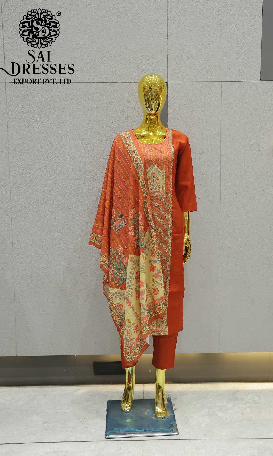 RUST ORANGE VETICAN HEAVY EMBROIDERY STRAIGHT KURTA PANT DUPATTA SET