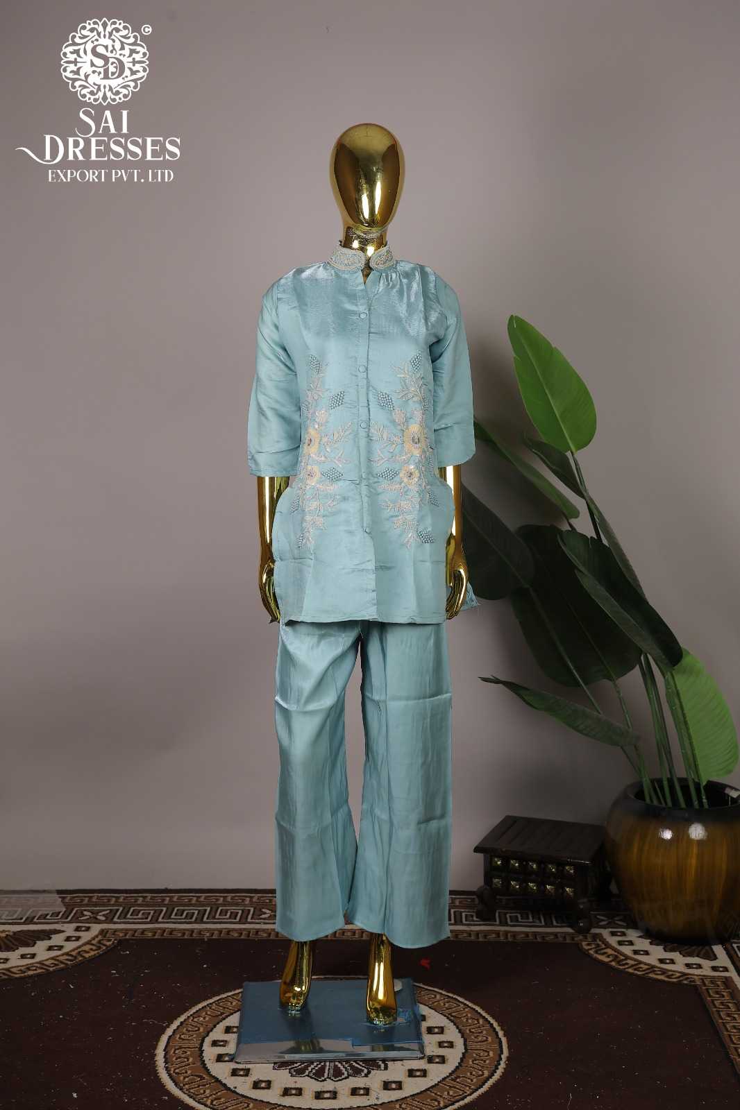 SKY BLUE GLASS ROMAN CO-ORD SET WITH HEAVY HAND AND EMBROIDERY WORK
