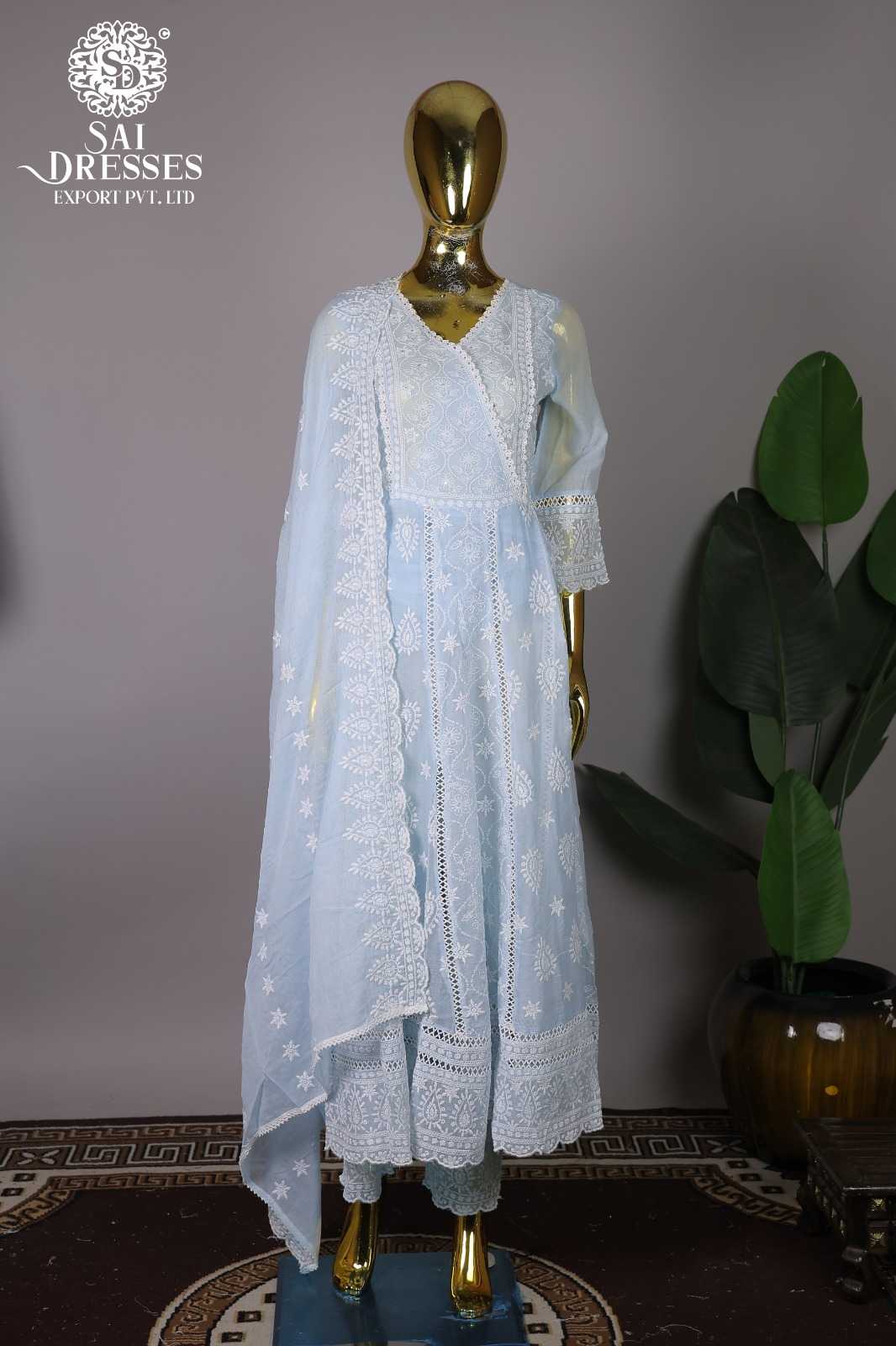 SKY BLUE PURE COTTON ANARKALI SET WITH WHITE DHAAGA WORK AND DUPATTA