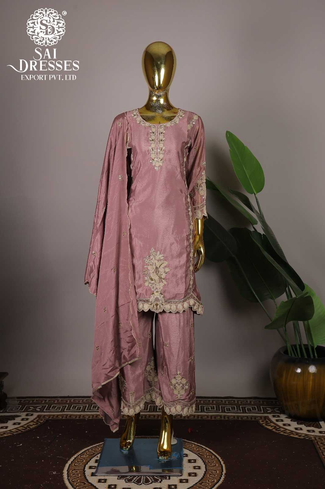 STYLISH MAUVE PURE CHINON HEAVY EMBROIDERY WORK STRAIGHT SUIT SET FOR WOMEN