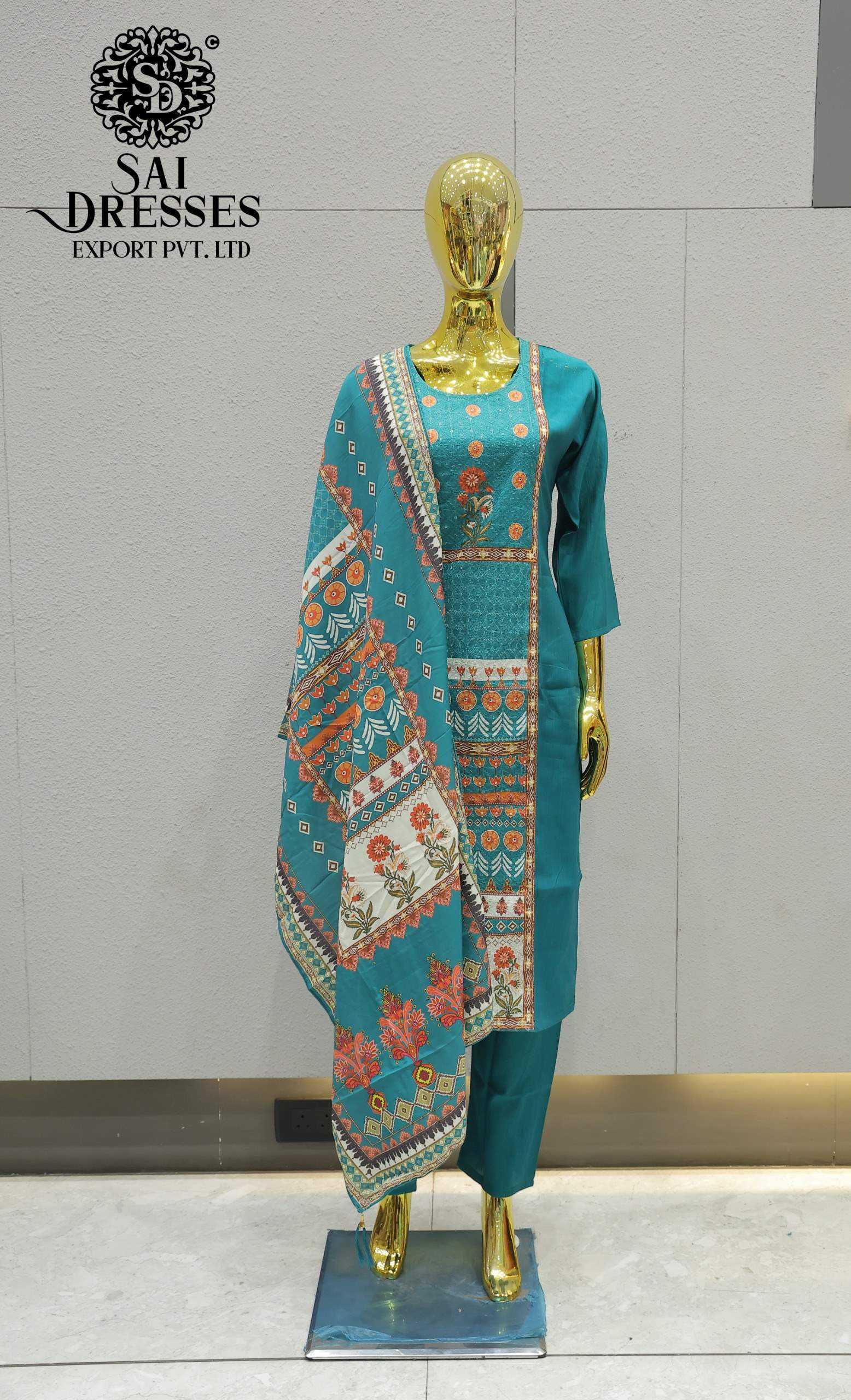 TEAL BLUE VETICAN HEAVY EMBROIDERY STRAIGHT KURTA PANT DUPATTA SET