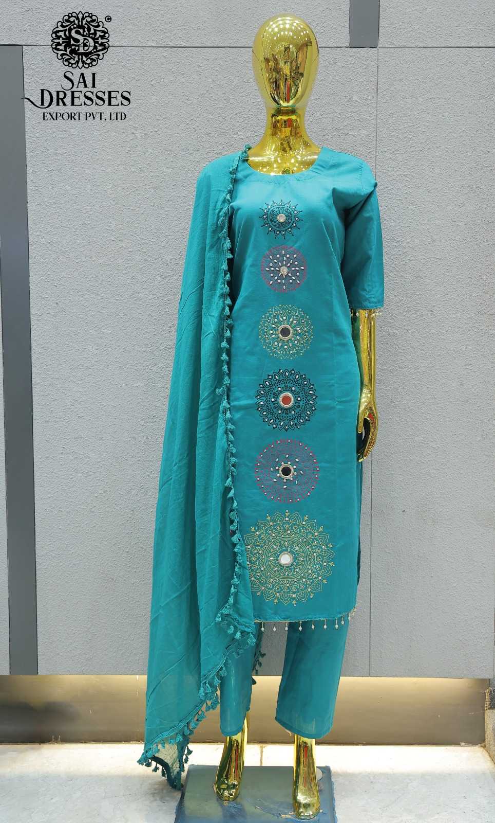 TURQUOISE BLUE PURE COTTON MANDALA MIRROR WORK STRAIGHT KURTA PANT WITH DUPATTA SET