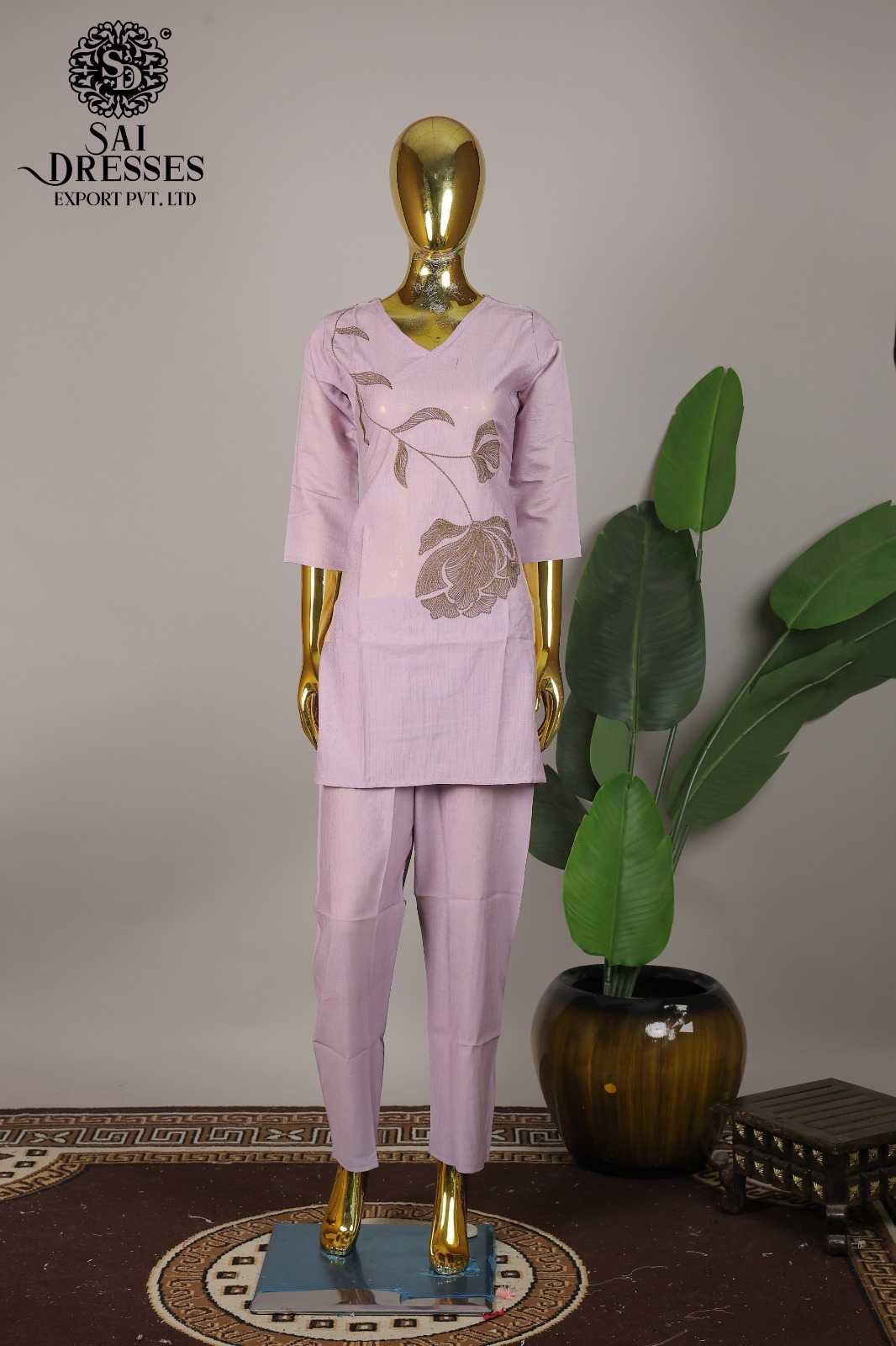 VARTICAN ROMAN WITH EMBROIDERY WORK DESIGNER TOP BOTTOM SET IN LIGHT LAVENDER