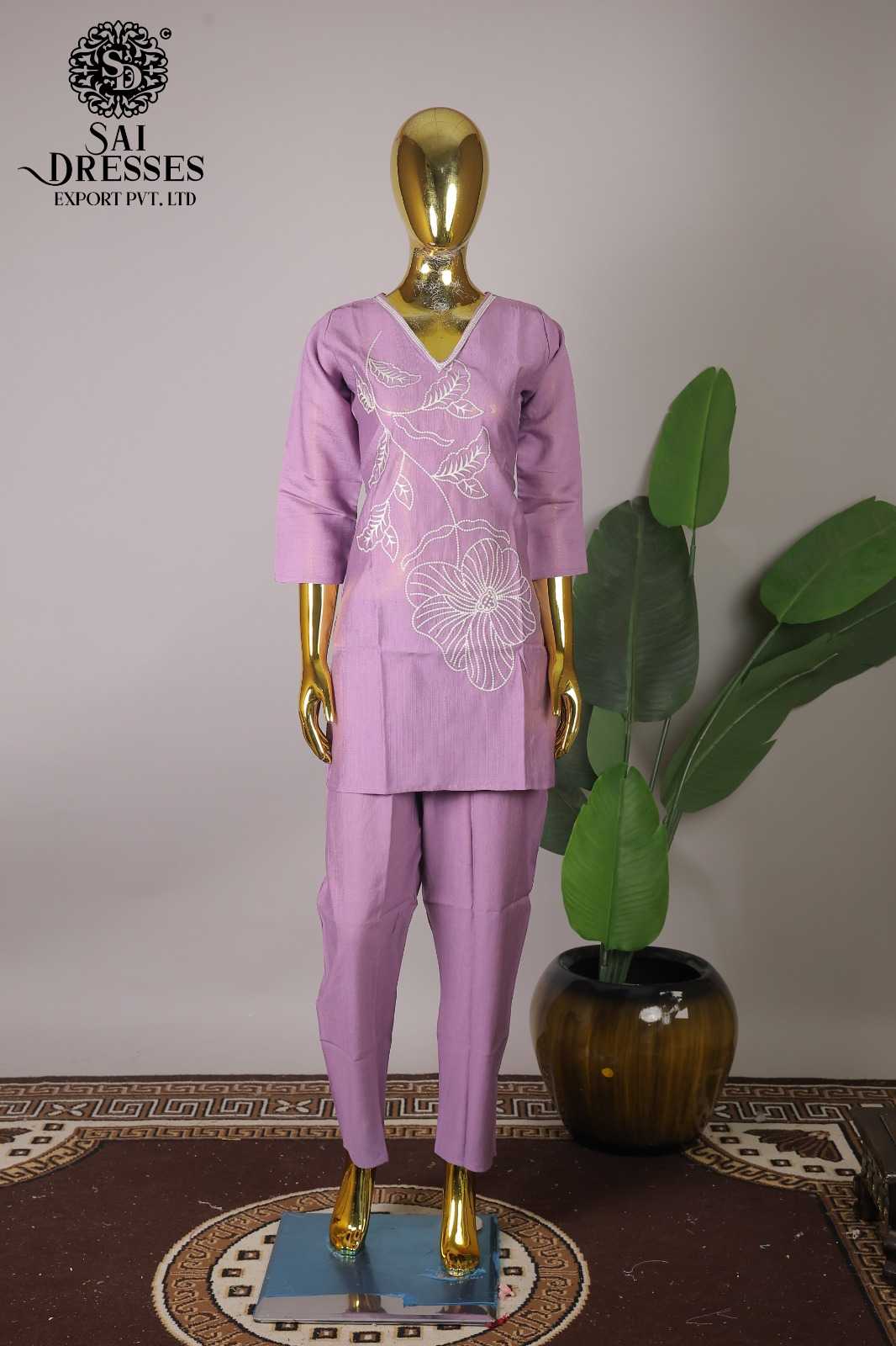 VARTICAN ROMAN WITH EMBROIDERY WORK DESIGNER TOP BOTTOM SET IN LIGHT LILAC