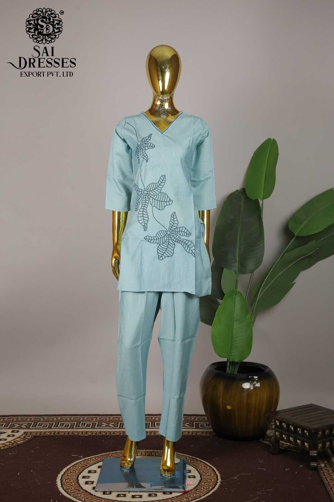 VARTICAN ROMAN WITH EMBROIDERY WORK DESIGNER TOP BOTTOM SET IN LIGHT SKY BLUE
