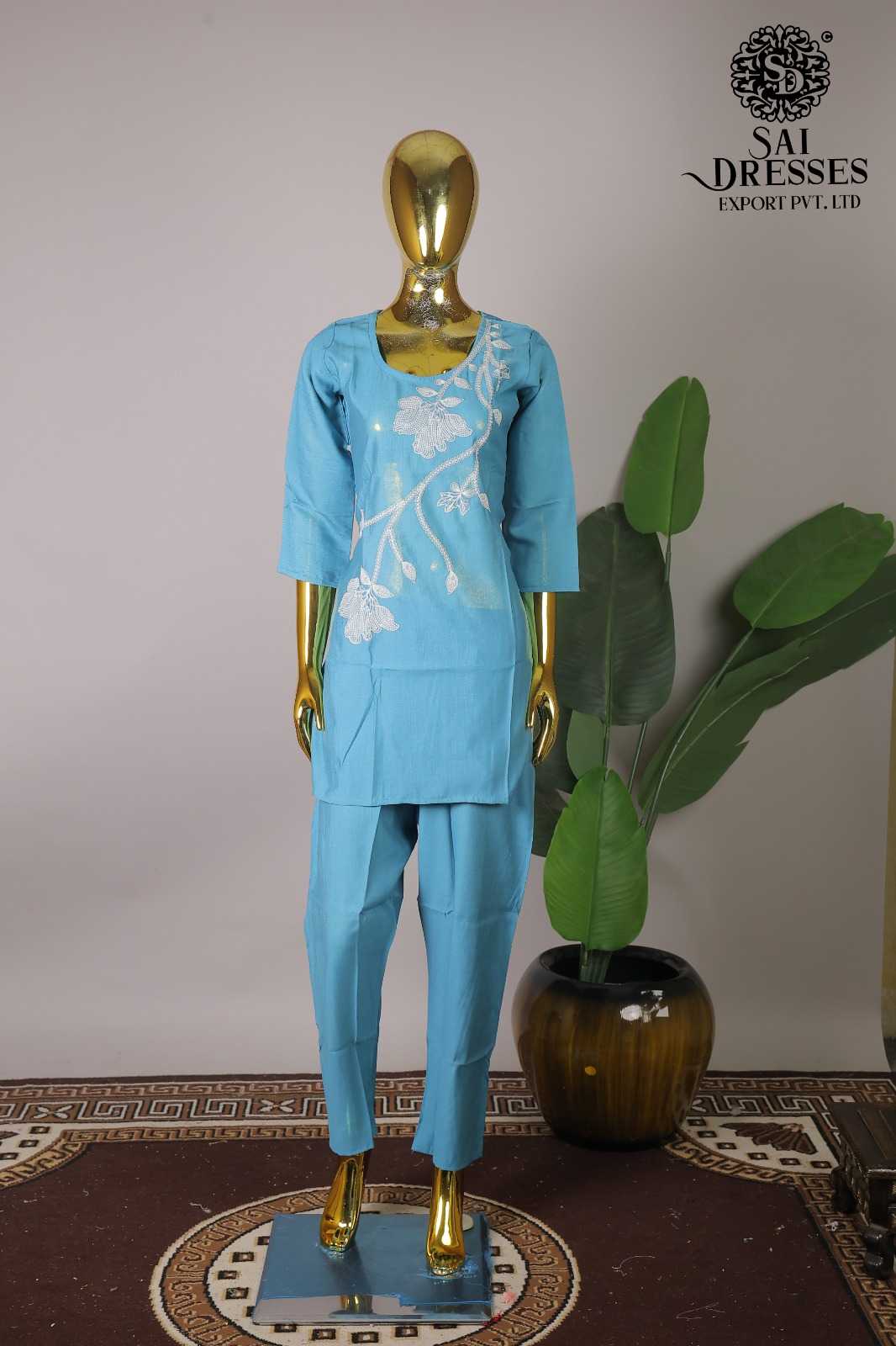 VARTICAN ROMAN WITH EMBROIDERY WORK DESIGNER TOP BOTTOM SET IN SKY BLUE