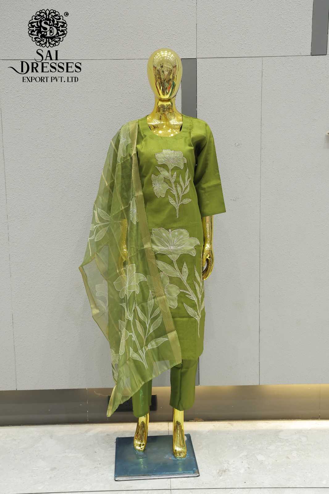 VATICAN SILK HEAVY PATCH WORK DESIGNER KURTI PANT DUPATTA SET IN OLIVE GREEN