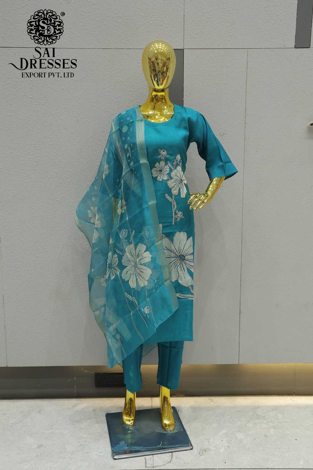 VATICAN SILK HEAVY PATCH WORK DESIGNER KURTI PANT DUPATTA SET IN TEAL BLUE