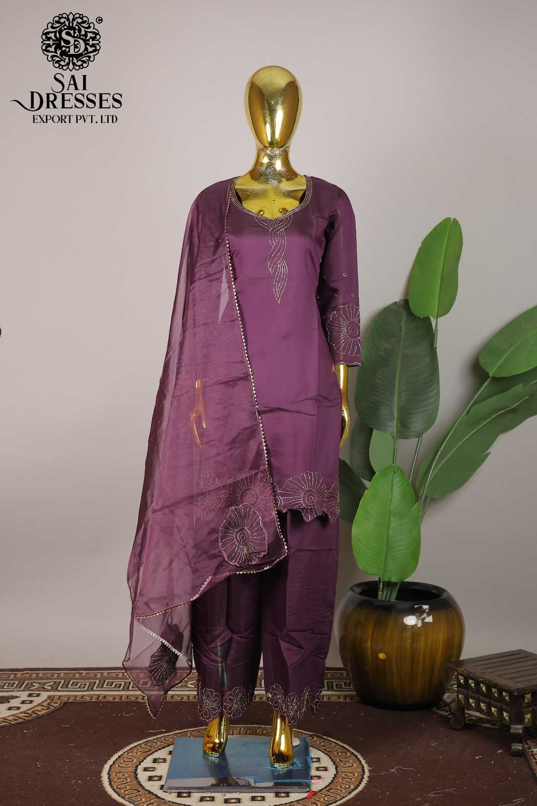 WINE ROMAN SILK HEAVY HAND WORK KURTI PANT WITH DUPATTA SET