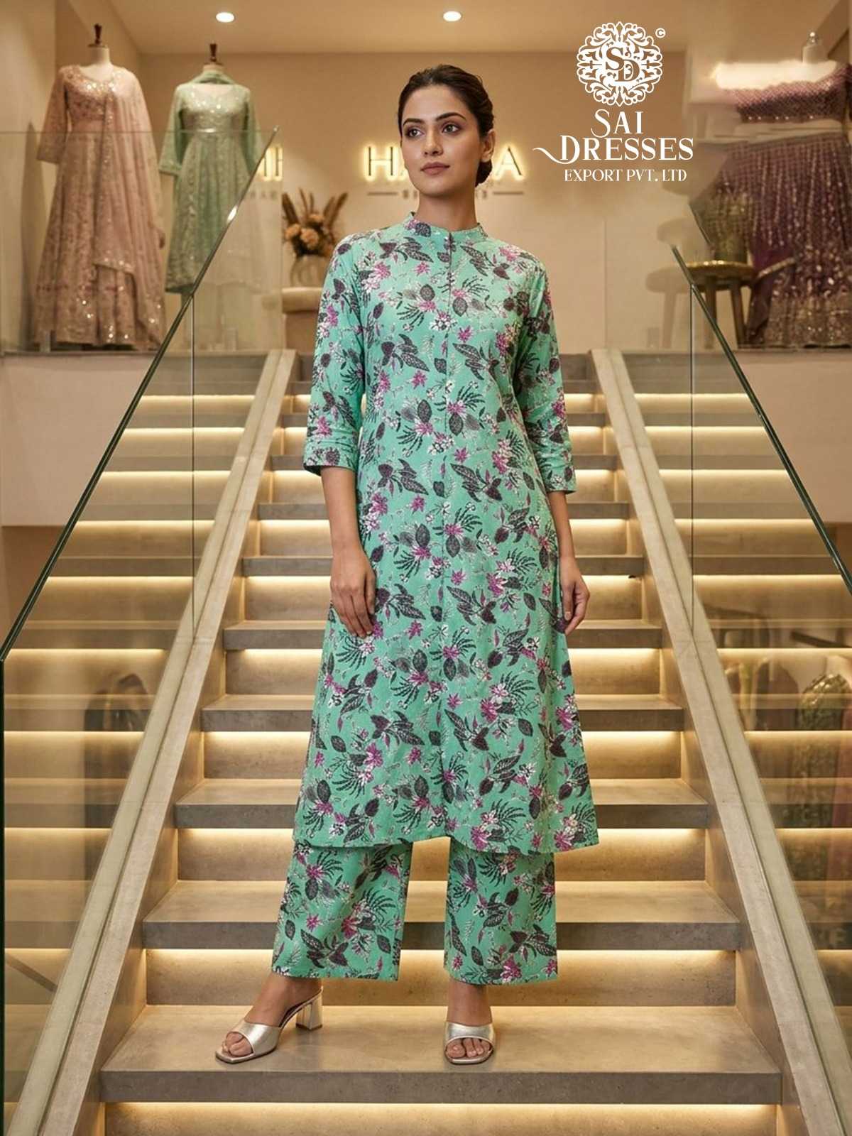 WOMEN’S COTTON FLEX DIGITAL PRINT KURTI WITH PANT CO-ORD SET IN MINT GREEN