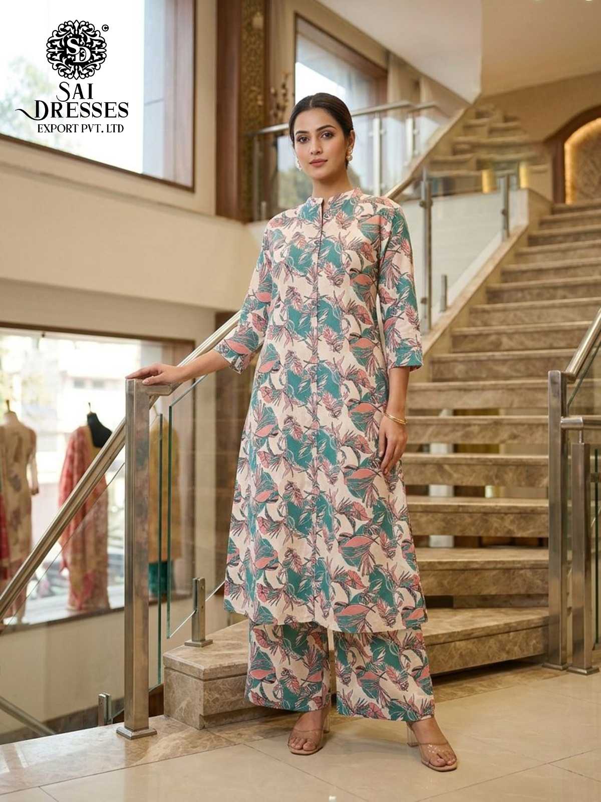 WOMEN’S COTTON FLEX DIGITAL PRINT KURTI WITH PANT CO-ORD SET IN OFF WHITE AND TEAL