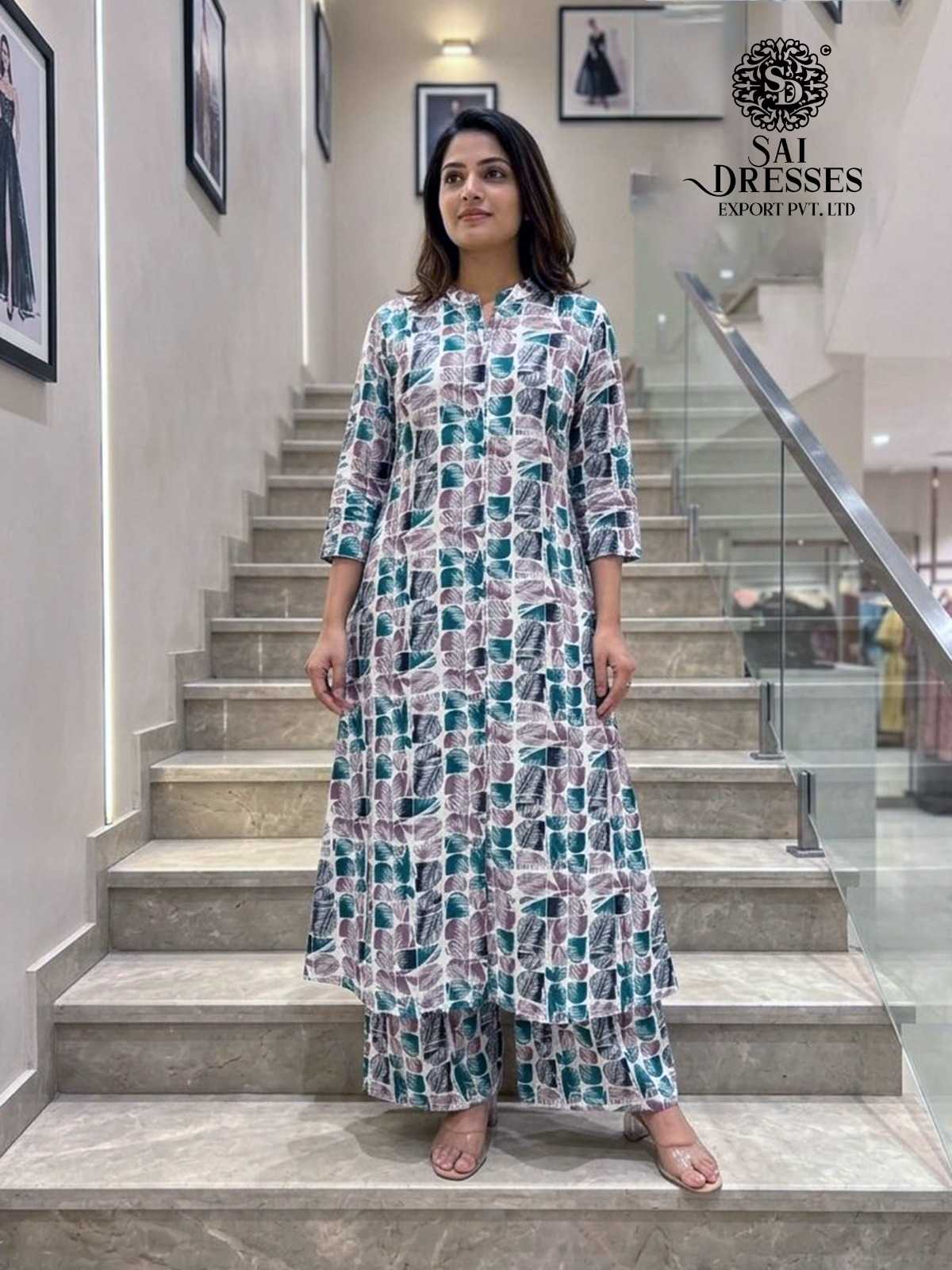 WOMEN’S COTTON FLEX DIGITAL PRINT KURTI WITH PANT CO-ORD SET IN WHITE, TEAL AND LAVENDER