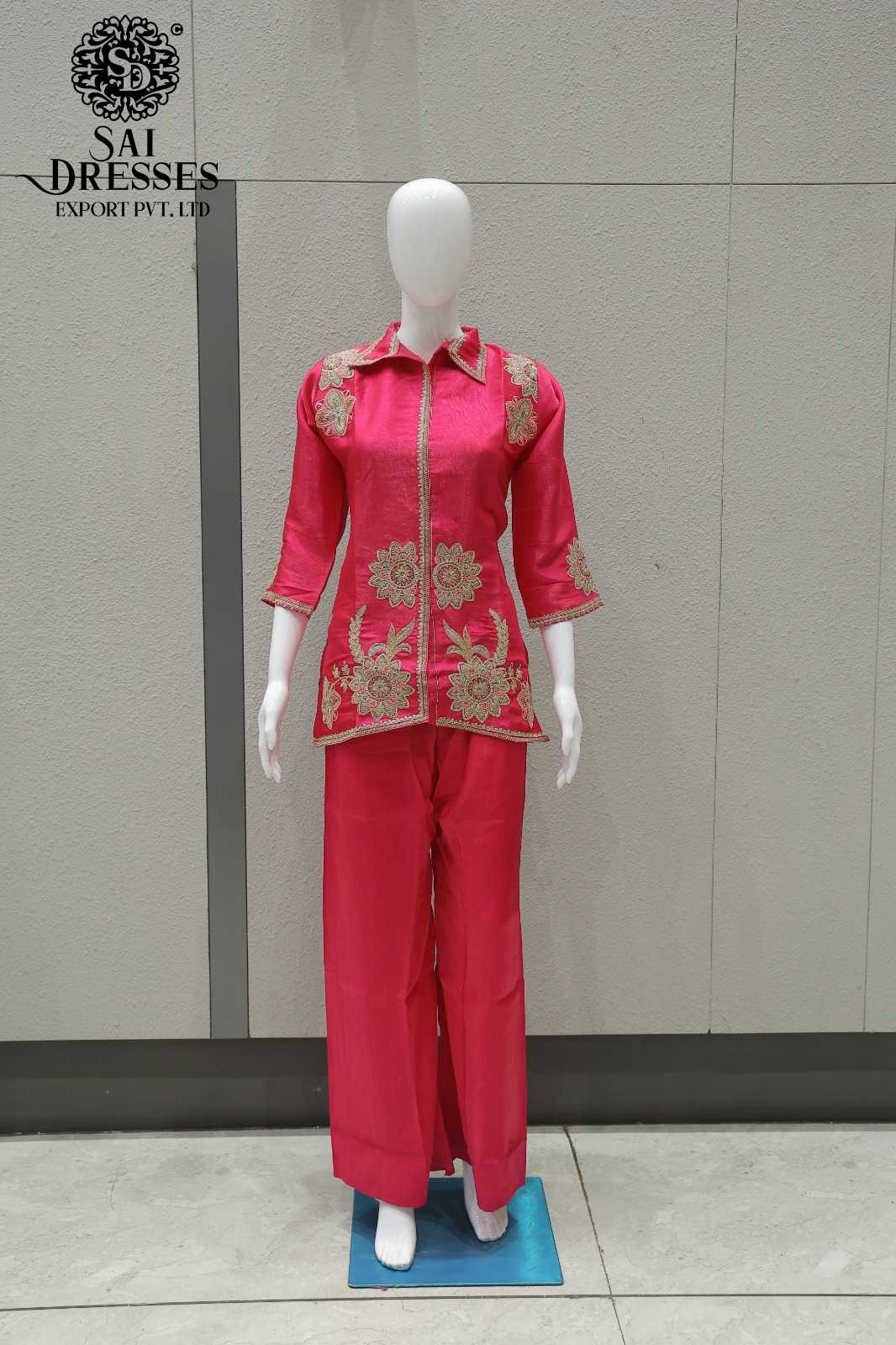 WOMEN'S GLASS ORGANZA HEAVY HANDWORK COLLAR STYLE TOP WITH PALAZZO SET IN PINK