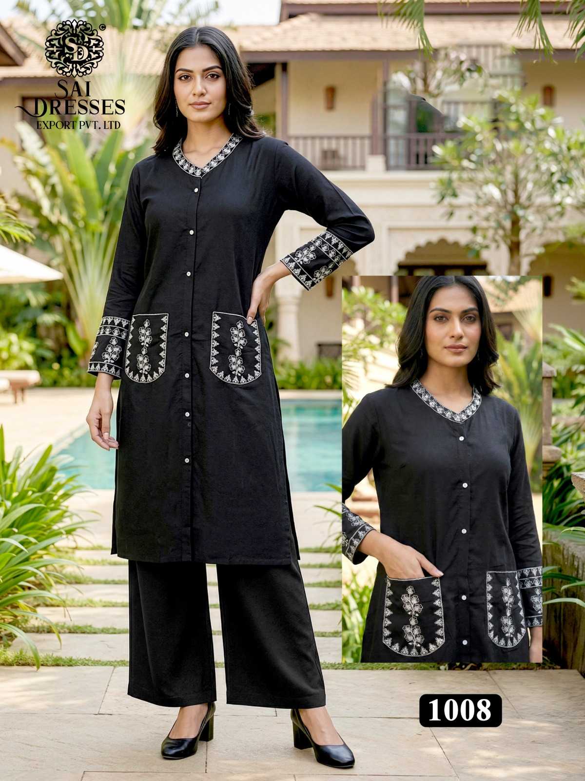 WOMEN’S HEAVY REYON EMBROIDERED KURTI WITH PANT CO-ORD SET IN BLACK