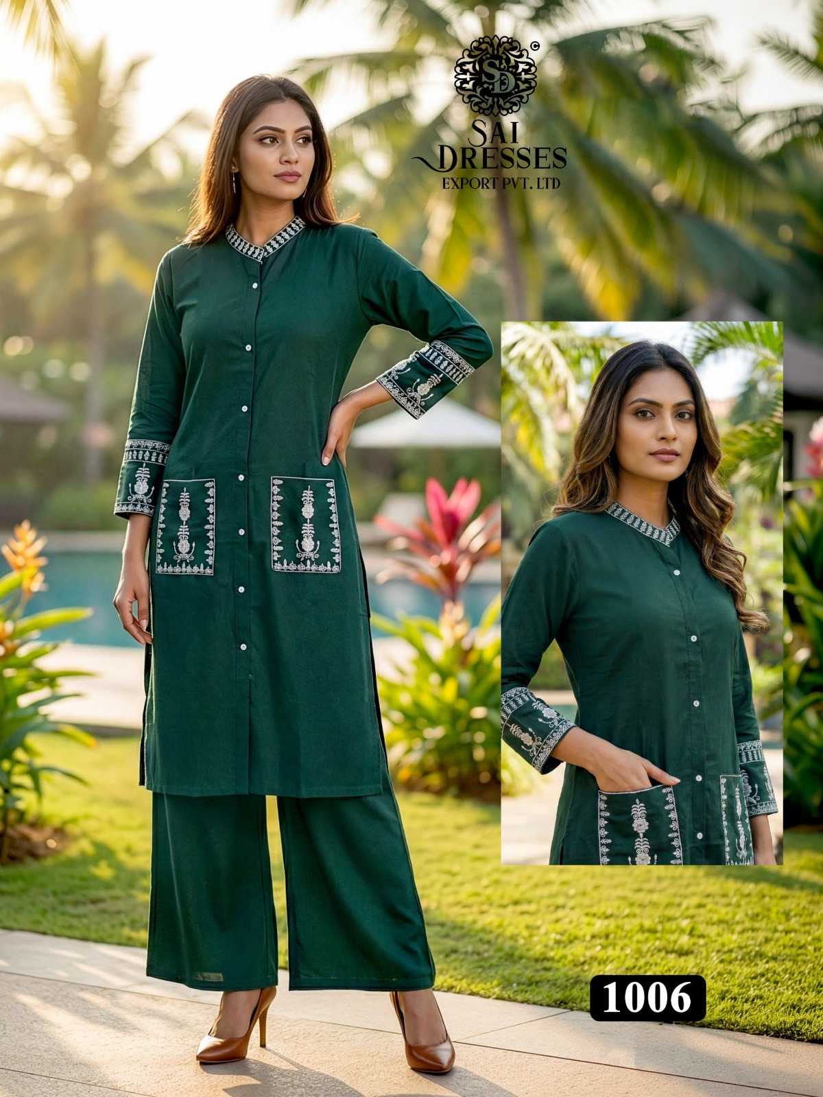 WOMEN’S HEAVY REYON EMBROIDERED KURTI WITH PANT CO-ORD SET IN BOTTLE GREEN