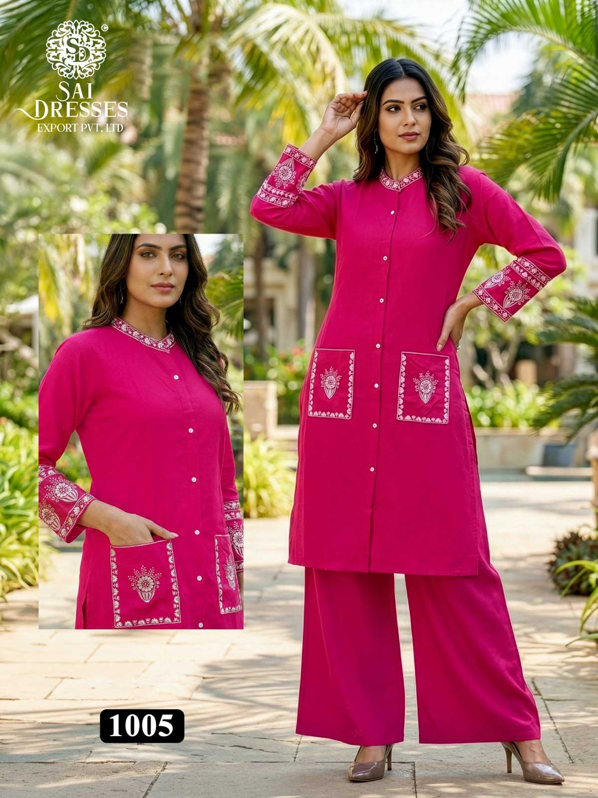 WOMEN’S HEAVY REYON EMBROIDERED KURTI WITH PANT CO-ORD SET IN RANI PINK