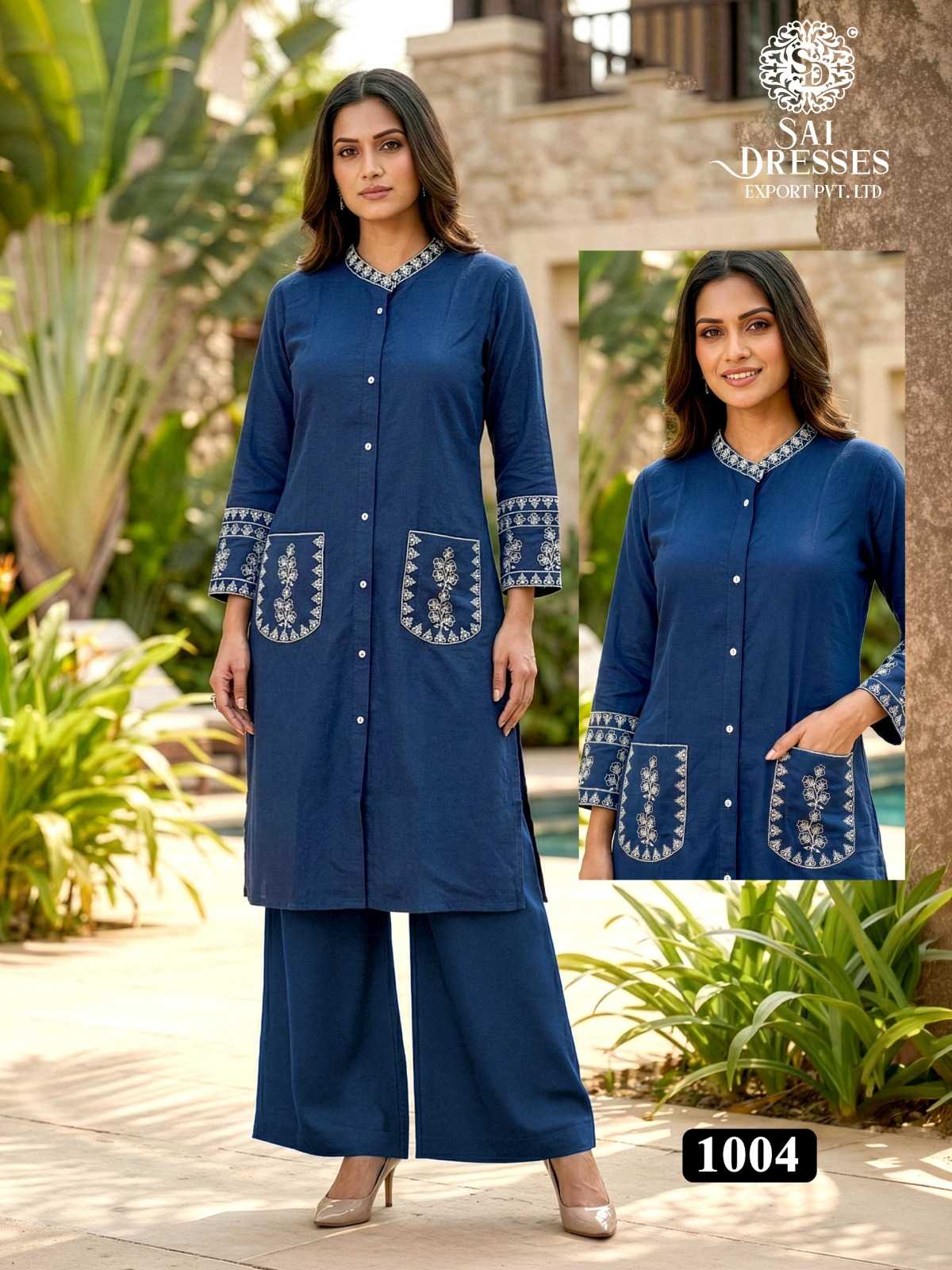 WOMEN’S HEAVY REYON EMBROIDERED KURTI WITH PANT CO-ORD SET IN ROYAL BLUE