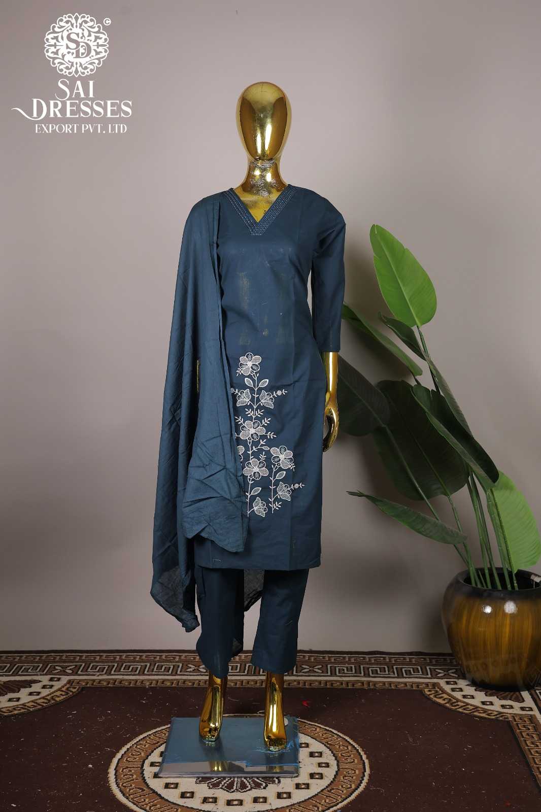 WOMEN'S PURE COTTON EMBROIDERED KURTA PANT DUPATTA SET - TEAL BLUE