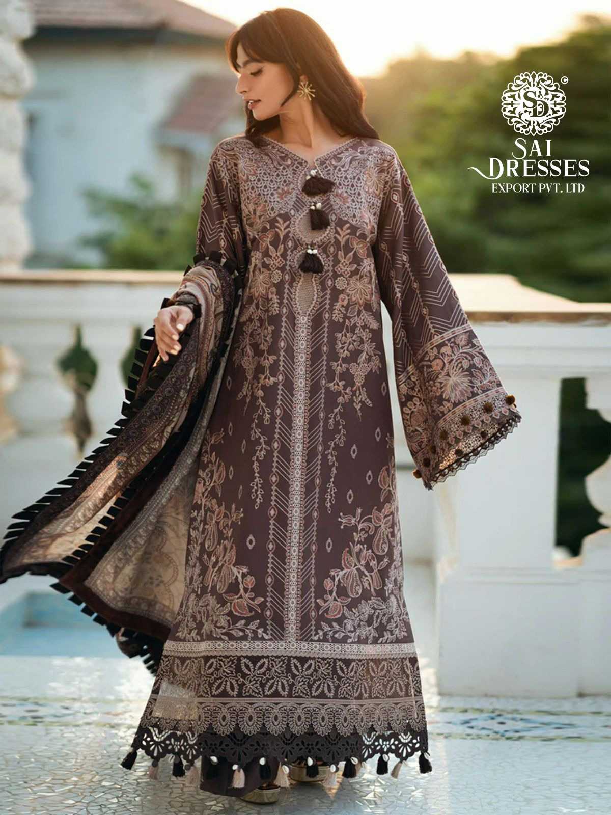 WOMEN'S PURE COTTON HEAVY GPO LACE KURTA PANT DUPATTA SET - COFFEE BROWN