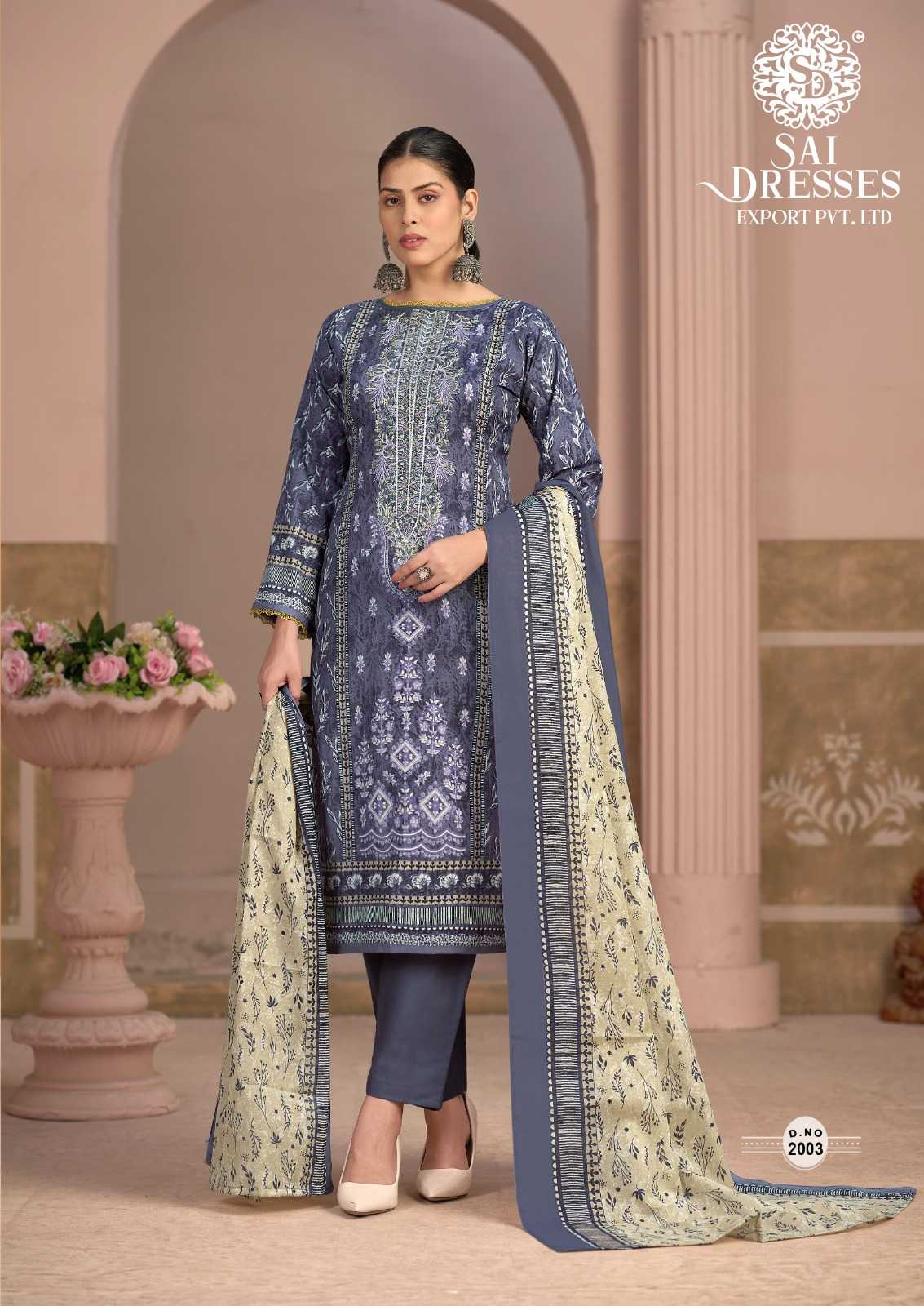WOMEN'S PURE COTTON HEAVY GPO LACE KURTA PANT DUPATTA SET - DUSTY BLUE