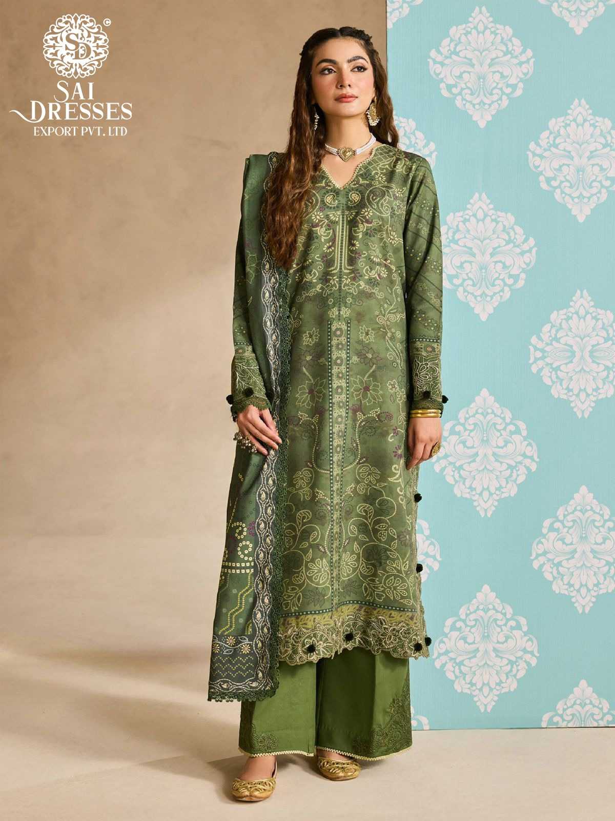 WOMEN'S PURE COTTON HEAVY GPO LACE KURTA PANT DUPATTA SET - OLIVE GREEN