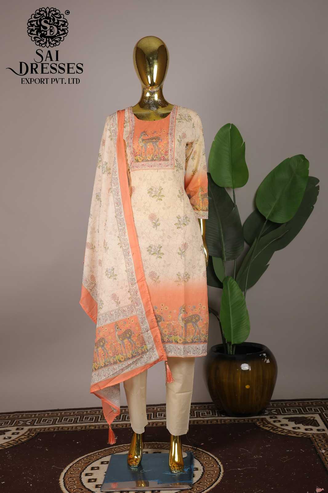 WOMEN'S PURE COTTON WORK AND DIGITAL PRINT STRAIGHT KURTI WITH PANT AND DUPATTA SET IN CREAM WITH PEACH