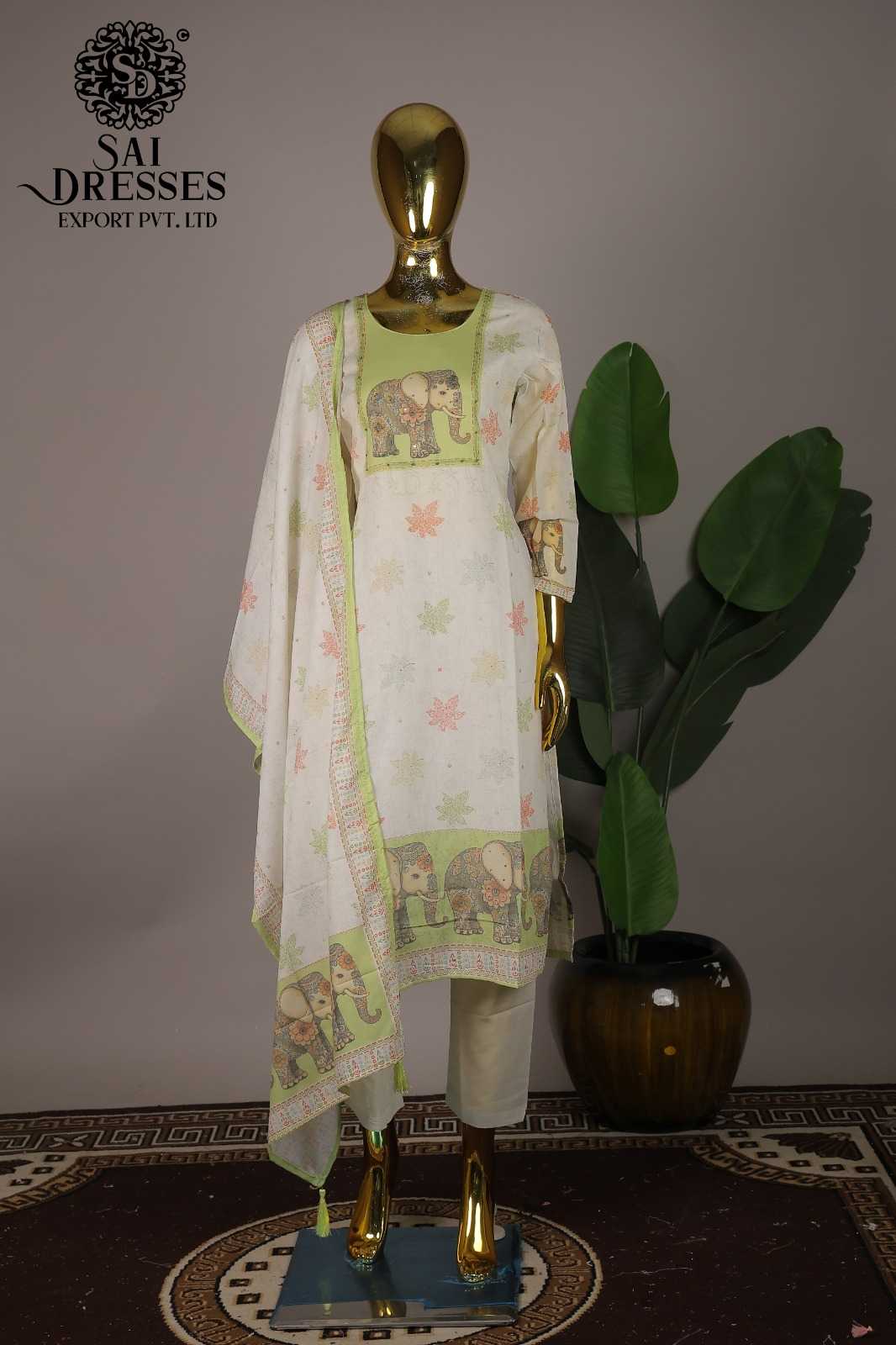 WOMEN'S PURE COTTON WORK AND DIGITAL PRINT STRAIGHT KURTI WITH PANT AND DUPATTA SET IN OFF WHITE WITH PISTA GREEN