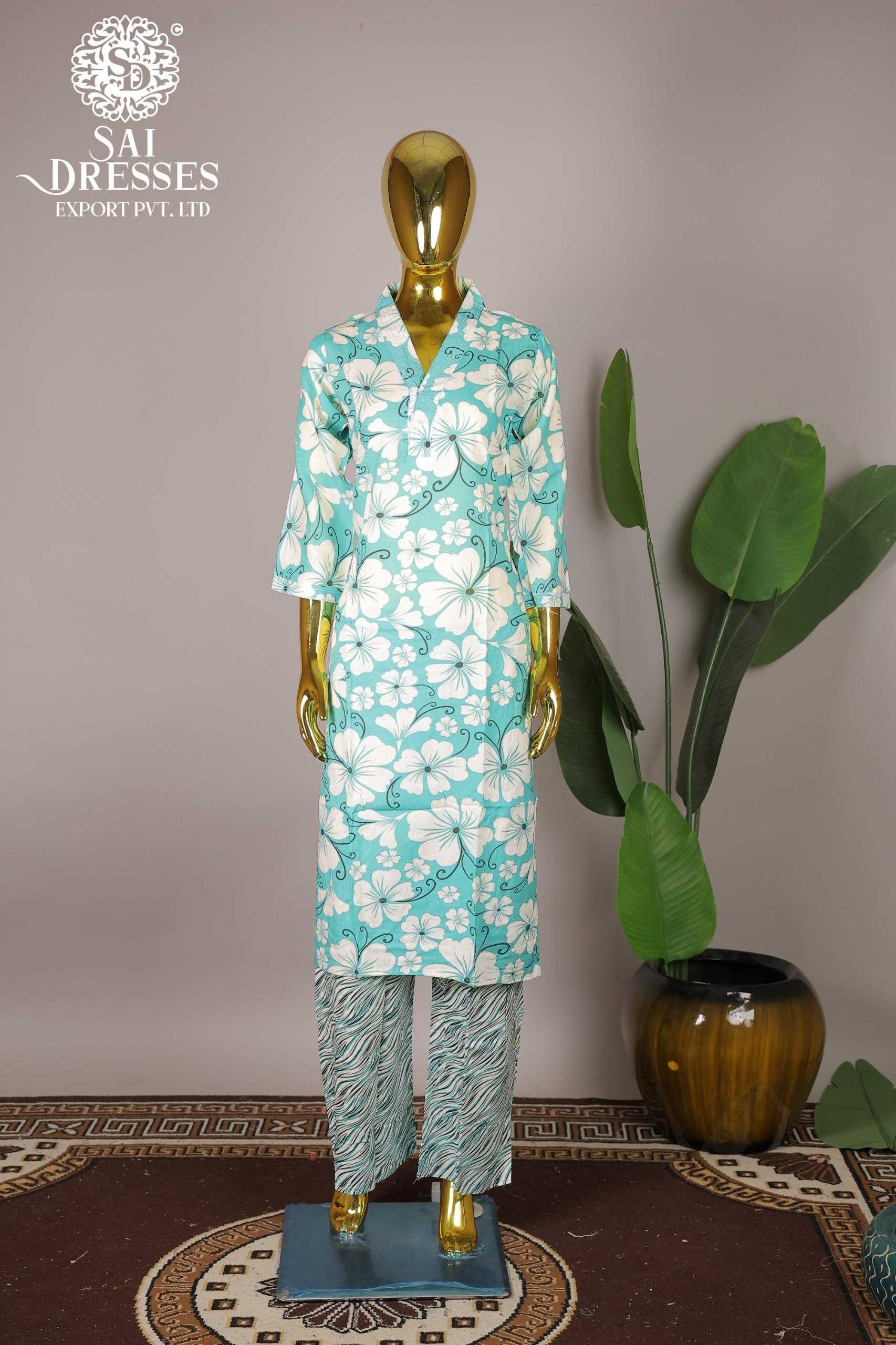 WOMEN'S REYON DIGITAL PRINT COLLAR STYLE KURTI WITH PANT SET IN AQUA BLUE
