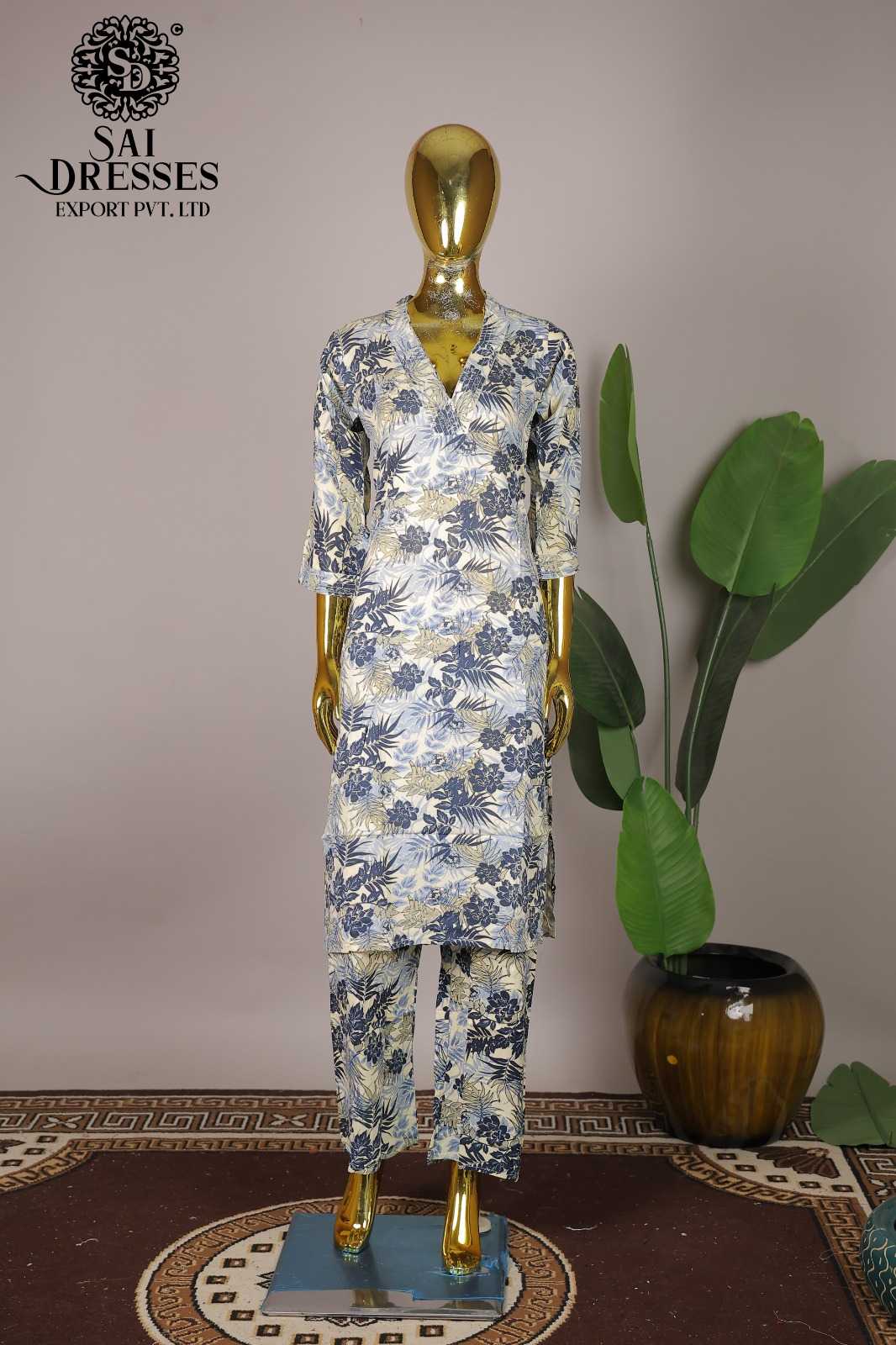 WOMEN'S REYON DIGITAL PRINT V-NECK KURTI WITH PANT SET IN BLUE FLORAL