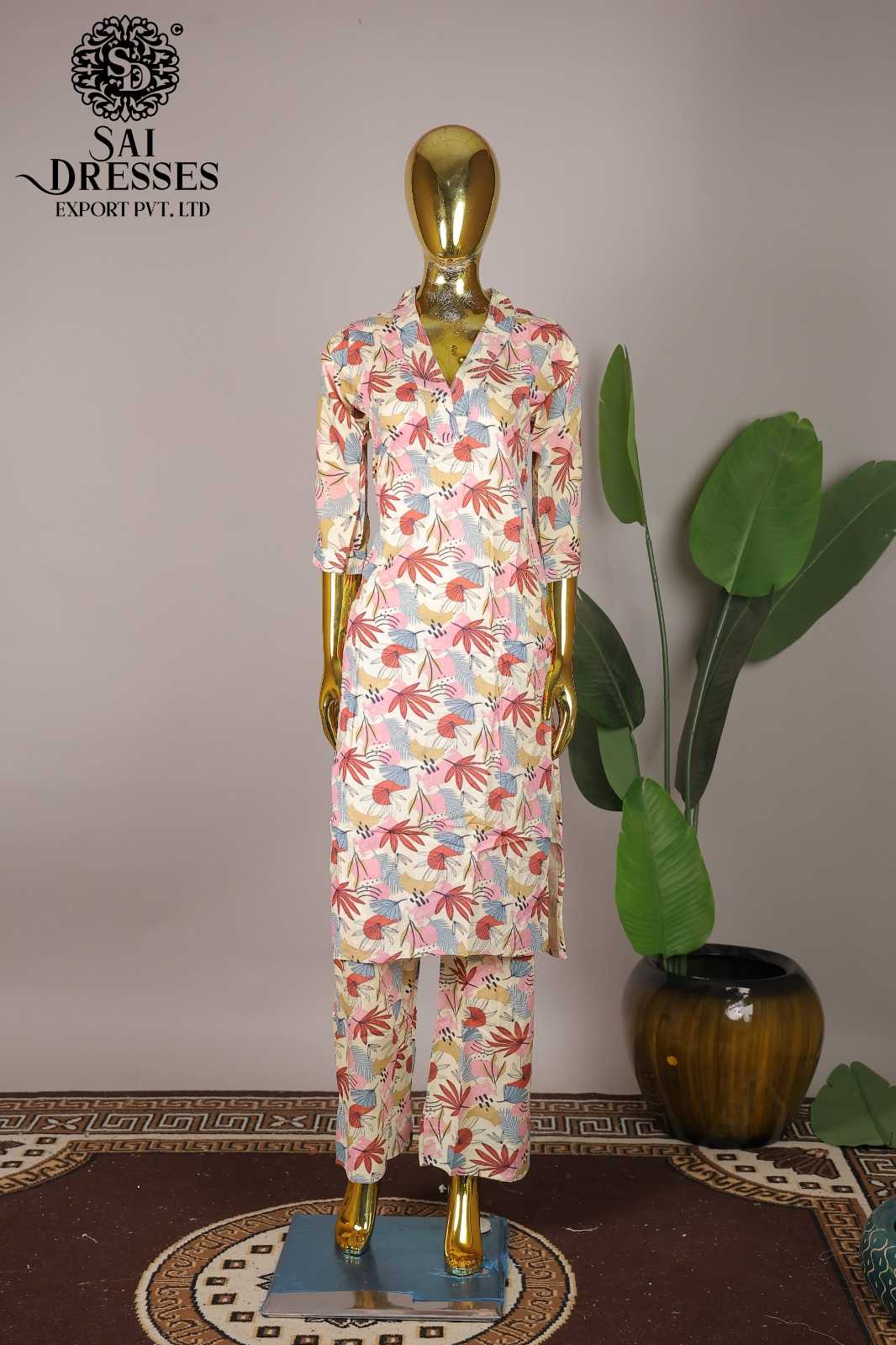 WOMEN'S REYON DIGITAL PRINT V-NECK KURTI WITH PANT SET IN CREAM MULTICOLOR