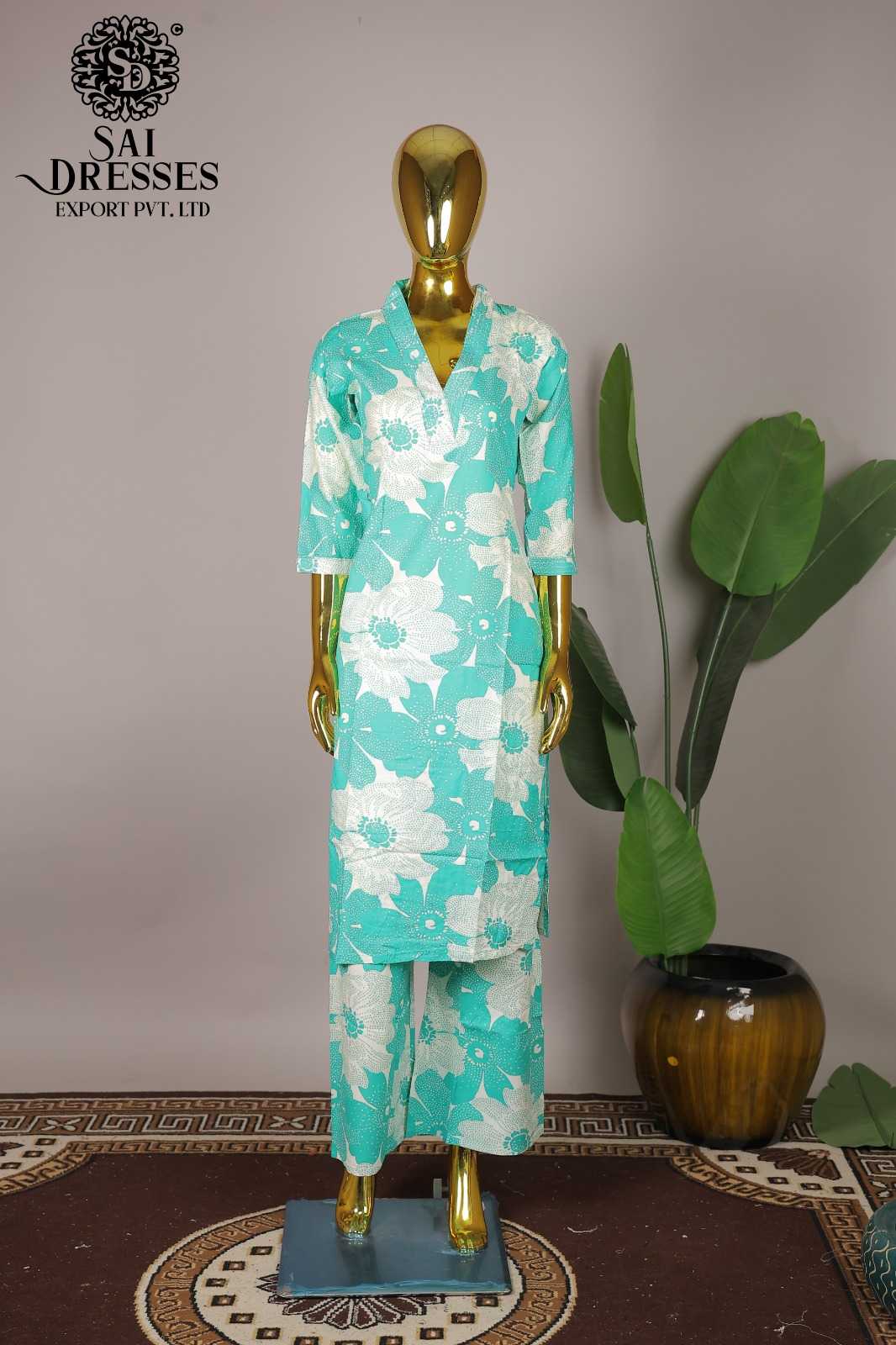 WOMEN'S REYON DIGITAL PRINT V-NECK KURTI WITH PANT SET IN MINT GREEN