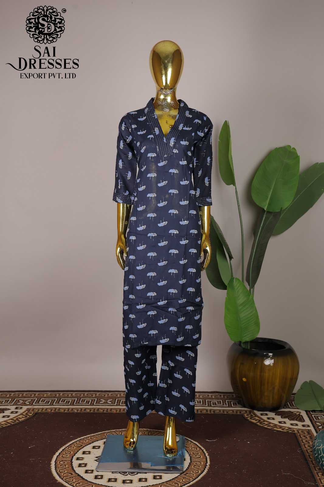 WOMEN'S REYON DIGITAL PRINT V-NECK KURTI WITH PANT SET IN NAVY BLUE
