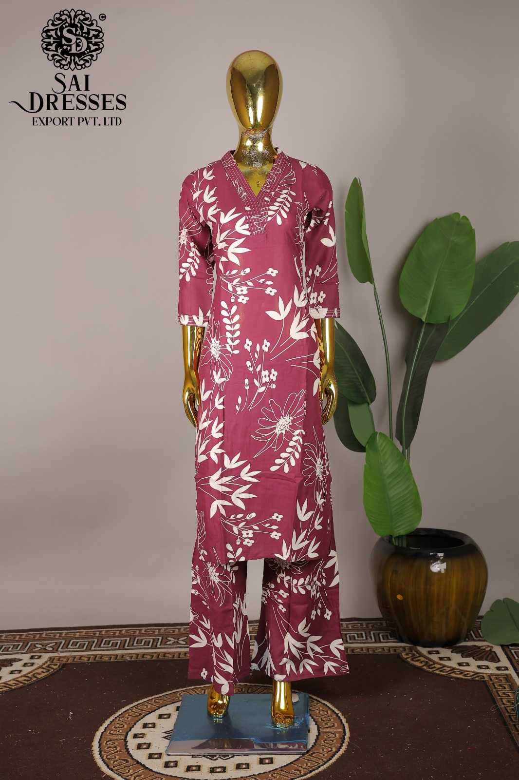 WOMEN'S REYON DIGITAL PRINT V-NECK KURTI WITH PANT SET IN ROSE PINK