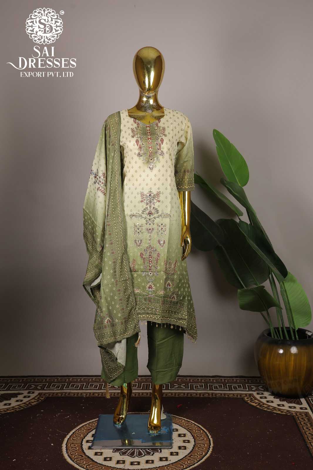 WOMEN'S SHIMMER FABRIC WORK STRAIGHT KURTI WITH PANT AND DUPATTA SET IN PISTA GREEN