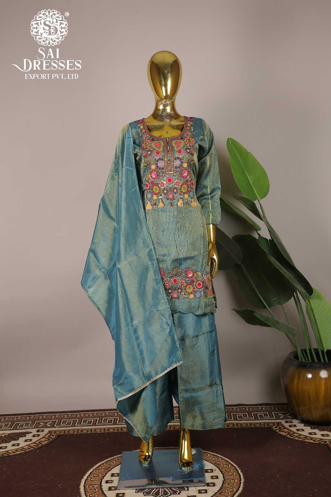 WOMEN’S TEAL SHIMMER SUIT WITH HEAVY FLORAL THREAD EMBROIDERY ON NECKLINE AND BORDER WITH DUPATTA