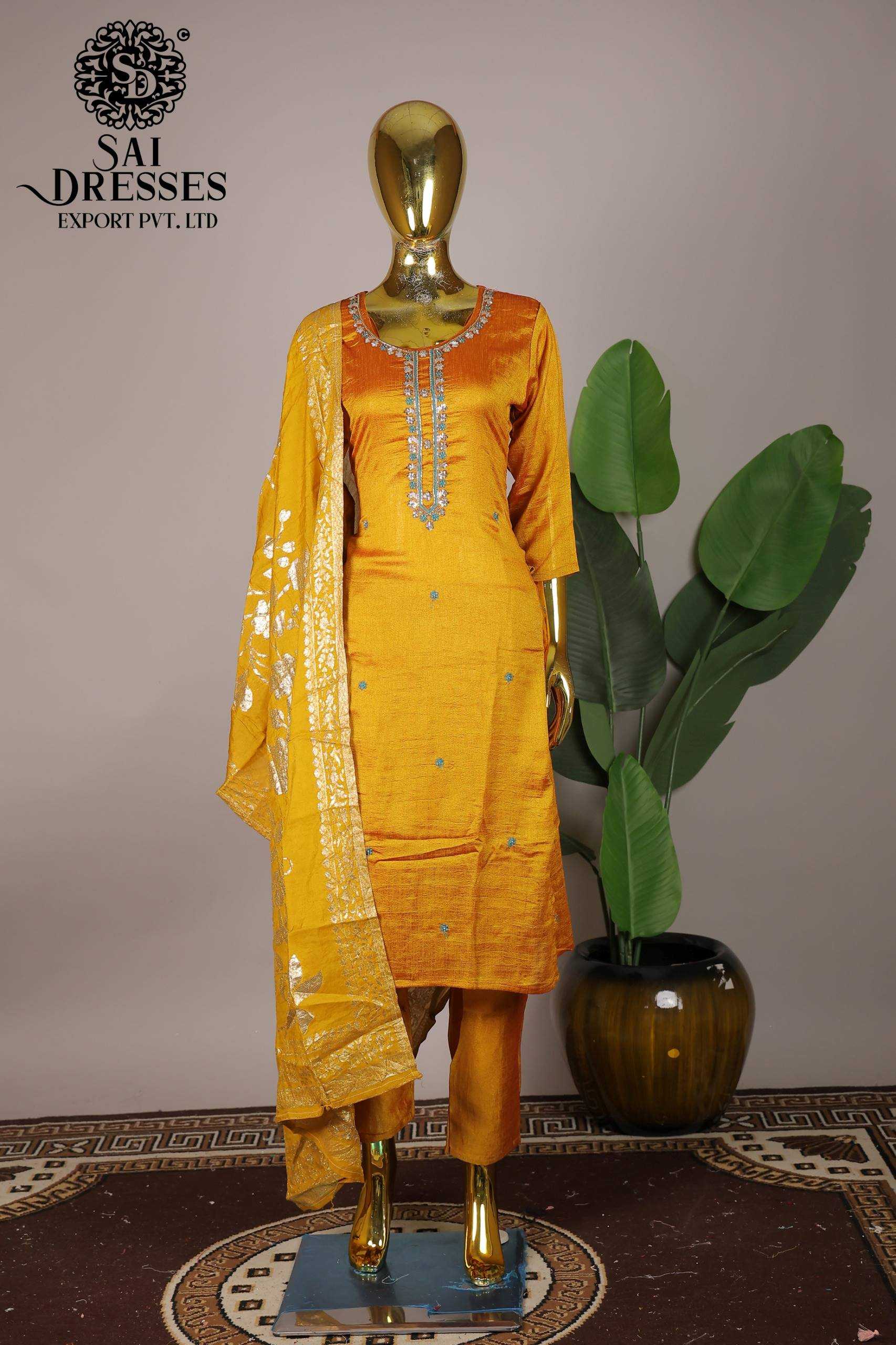  WOMEN'S VICHITRA SILK HEAVY HAND WORK STRAIGHT KURTI WITH PANT AND DUPATTA SET IN MUSTARD YELLOW