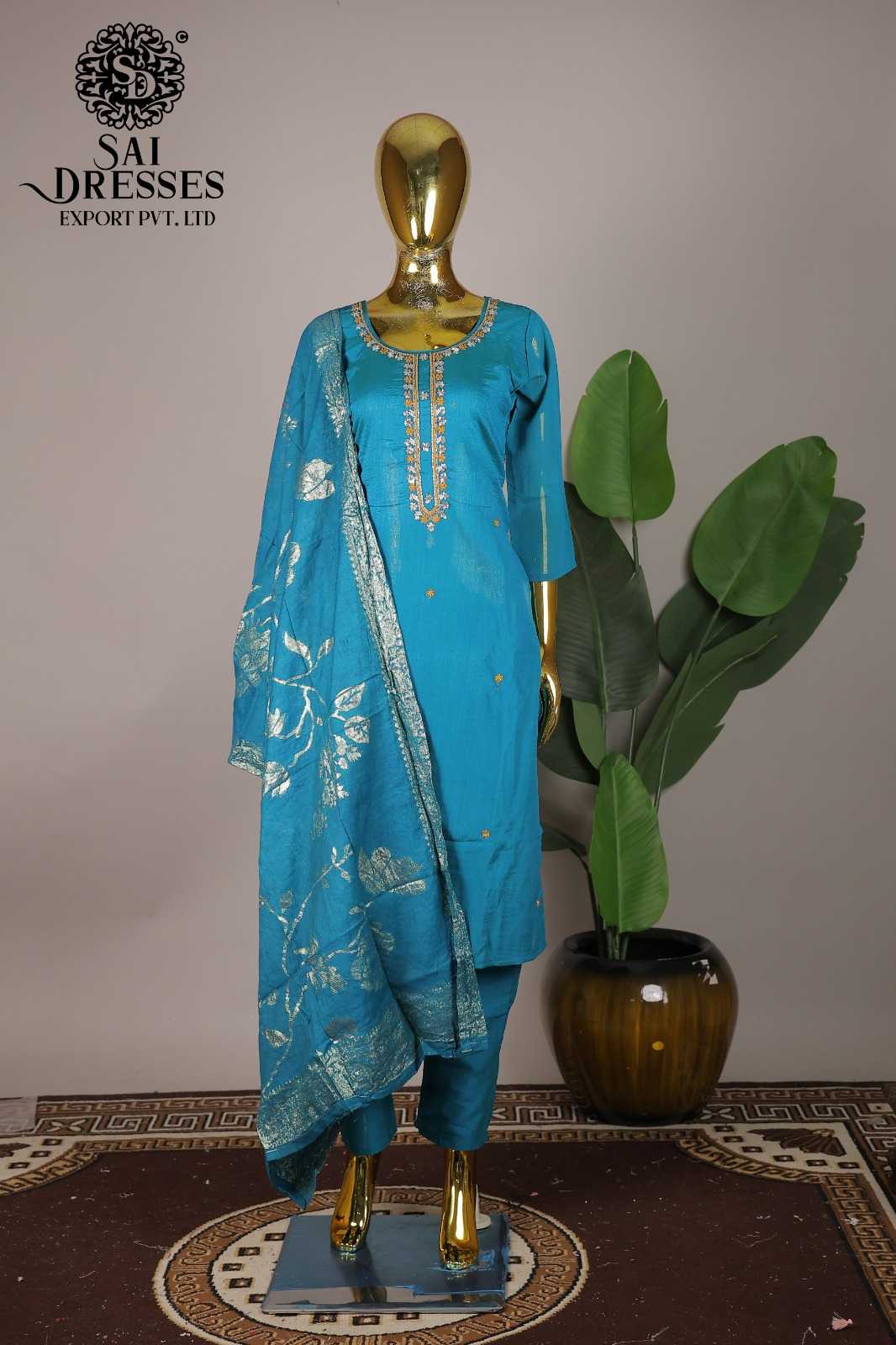 WOMEN'S VICHITRA SILK HEAVY HAND WORK STRAIGHT KURTI WITH PANT AND DUPATTA SET IN TURQUOISE BLUE