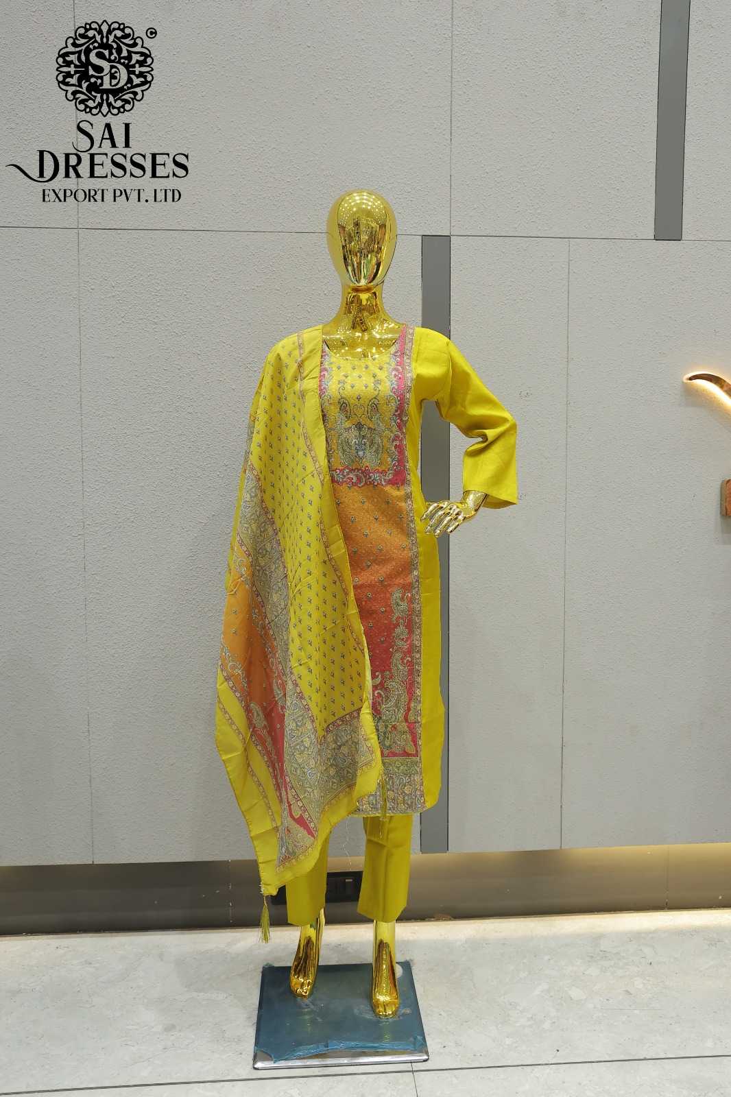 YELLOW VETICAN HEAVY EMBROIDERY STRAIGHT KURTA PANT DUPATTA SET