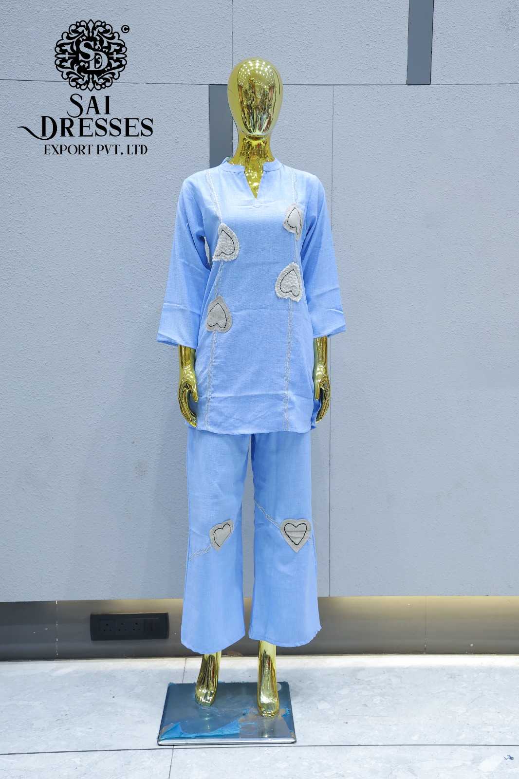 BABY BLUE HEART APPLIQUE TOP WITH PANT CO ORD SET