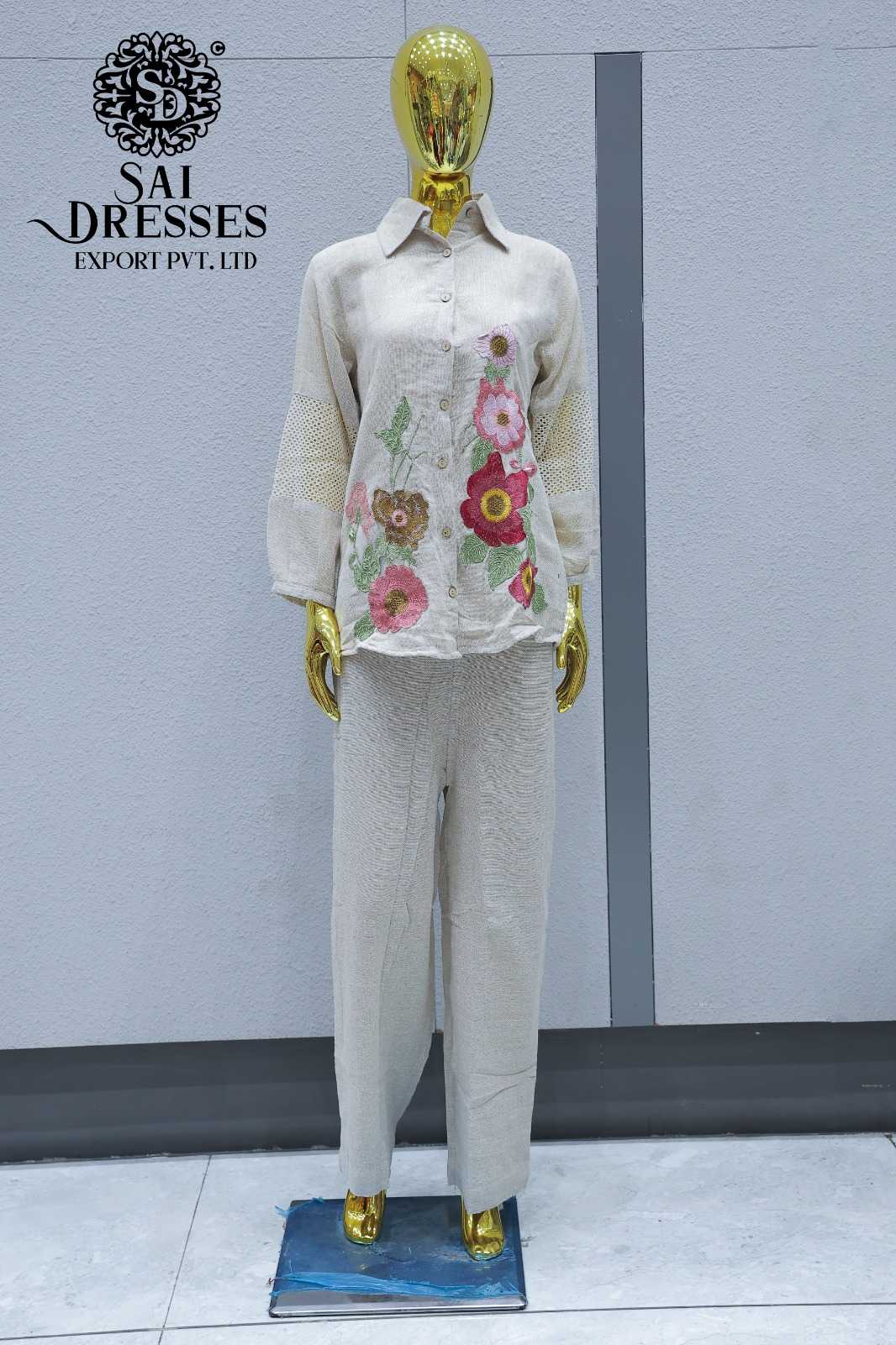 BEIGE FLORAL EMBROIDERED SHIRT WITH PANT CO ORD SET