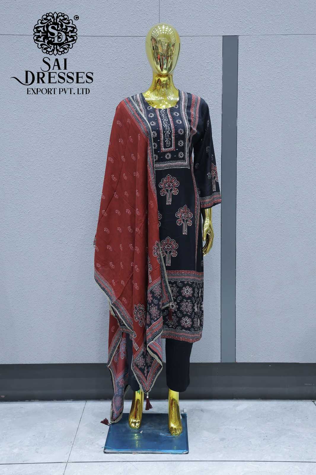 BLACK ETHNIC PRINTED DESIGNER STRAIGHT SUIT WITH RUST DUPATTA