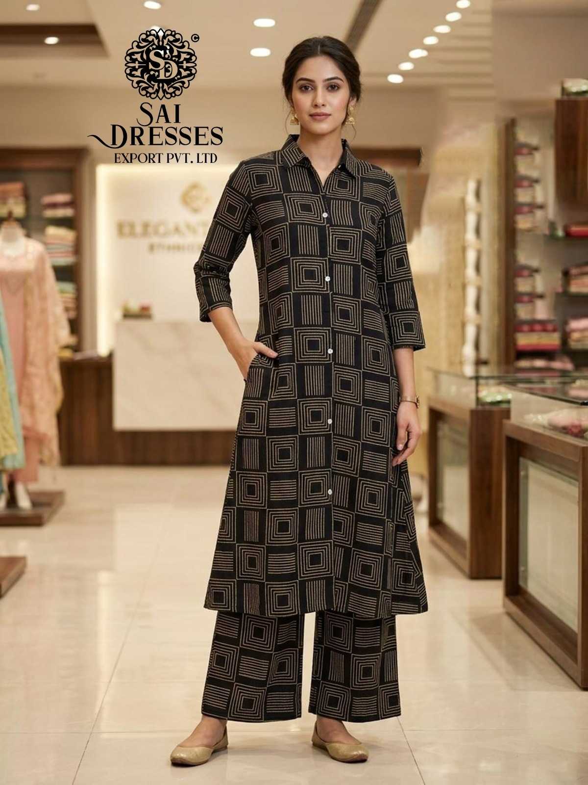 BLACK LIVA REYON GEOMETRIC PRINTED DESIGNER KURTI PALAZZO SET