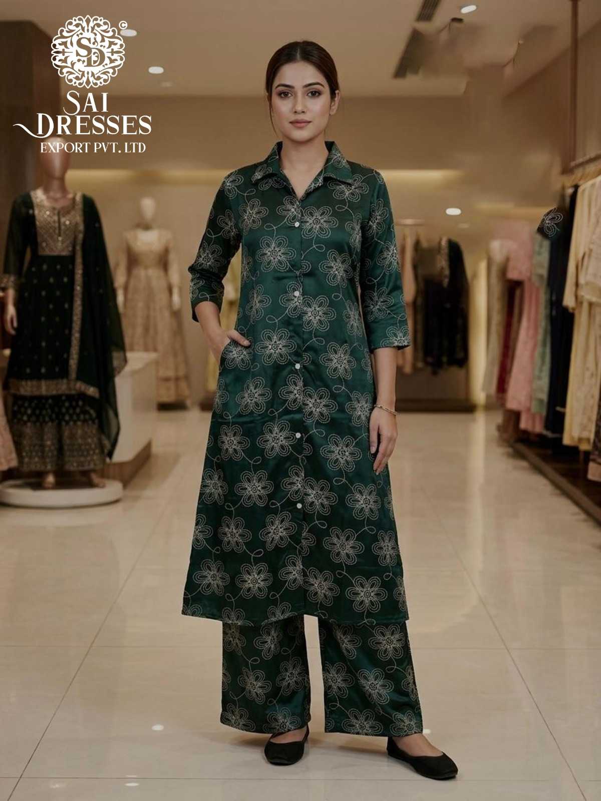 BOTTLE GREEN LIVA REYON FLORAL PRINTED DESIGNER KURTI PALAZZO SET